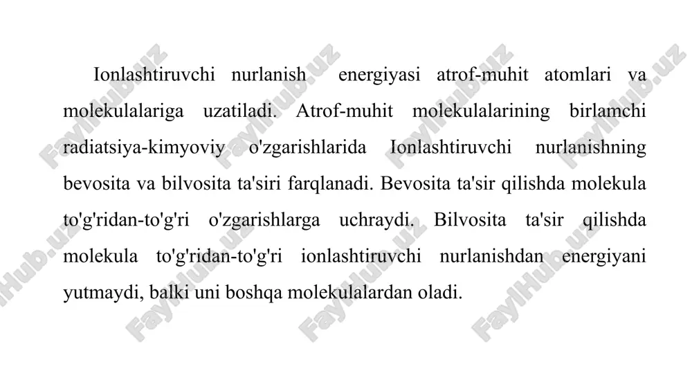 ini kuchaytiradi va bir vaqtning o'zida nurlanishdan keyin hujayra ichidagi tiklanish jarayonlarini rag'batlantiradi. kislorod effekti energiyaning chiziqli uzatilishiga (echu) bog'liq: echu ko'payishi bilan effekt kamayadi, masalan, alfa nurlanishi ta'sirida yo'qoladi. shunday qilib, tirik organizm hujayralarida yirik organik molekulalar ionlashtiruvchi nurlarning bevosita ta'siri yoki suvning radiolizi mahsulotlari bilan zararlanadi. natijada, erkin radikallar tomonidan qo'zg'atilgan kimyoviy reaktsiyalar radiatsiya ta'siriga uchramagan yuzlab va minglab molekulalarni o'z ichiga oladi, bu esa oxir-oqibat tanadagi biokimyoviy jarayonlarning buzilishiga olib keladi. yuqori dozalarda organizmga radiatsiya ta'sirining darajasi va tabiati nurlangan to'qimalar va organlarning radiosezgirligi va yutilgan doza va dozaning vaqt o'tishi bilan taqsimlanishi bilan belgilanadi. • bergonier-tribondo qoidasi to’qima darajasida, bergonier-tribondo qoidasi bajariladi: to'qimalarning radiosezgirligi ularning proliferativ faolligiga bevosita mutanosib va to'qimalarni tashkil qiluvchi hujayralarning tarkibiy qismlari differensiya darajasiga nomutanosib. ya'ni, tanadagi eng radiosezgir to'qimalar kam differensiyalanuvchi hujayralar zaxirasiga ega. ular: gematopoetik to'qimalar, jinsiy bezlar, ingichka ichak epiteliysi. tanadagi eng radiochidamli to'qimalar - kamdan-kam yangilanadigan to'qimalar: mushak, …