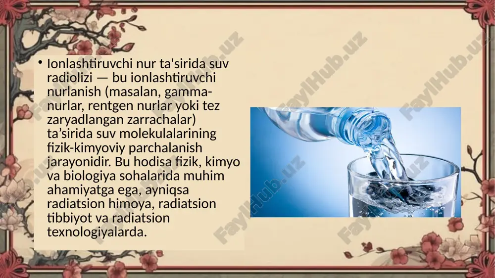q bo‘ladi. oer — bu kislorodli sharoitda zararni yetkazish uchun kerak bo‘lgan nurlanish dozasining, kislorodsiz (gipoksik) sharoitga nisbati: oer = odatda bu koeffitsiyent 2–3 atrofida bo‘ladi. kislorod effekti — radioliz mahsulotlarining kislorod bilan reaksiyaga kirishib, oksidlovchi zarar kuchayishini anglatadi. bu effekt: radiatsion zarar mexanizmlarini tushunishda, radiatsion terapiya samaradorligini oshirishda, kosmik va yadro muhitda himoya choralarini belgilashda muhim ahamiyatga ega. kislorod effekti koeffitsiyenti (oer): e’tiboringiz uchun rahmat! image1.png image2.jpeg image3.png image4.png image5.png /docprops/thumbnail.jpeg