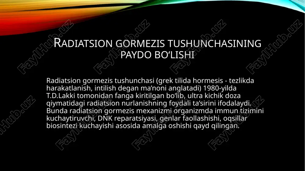 r o‘rganilmoqda, chunki astronavtlar doimiy radiatsiyaga duch kelishadi. radiatsion gormezis nazariyasi ularning salomatligini saqlashda muhim rol o‘ynashi mumkin. shuningdek, ekologiya va atrof-muhit sohalarida ham bu g‘oyadan foydalanish yo‘llari o‘rganilmoqda. biroq amaliy qo‘llanishda ehtiyotkorlik talab qilinadi. tibbiyotda qo‘llanilishi: radiatsion terapiya: saraton kasalligini davolashda past dozali ionlashtiruvchi nurlanishdan foydalaniladi. bu usulda hujayralarning o‘sishi va bo‘linishi nazorat qilinadi. radon terapiyasi: ba'zi kurortlarda past dozali radon gazidan foydalaniladi. bu usul revmatizm va boshqa yallig‘lanishli kasalliklarni davolashda qo‘llaniladi. qishloq xo‘jaligida qo‘llanilishi: o‘simliklarning o‘sishini rag‘batlantirish: past dozali radiatsiya urug‘larning unishini tezlashtirishi va o‘simliklarning o‘sishini rag‘batlantirishi mumkin. zararkunandalarga qarshi kurash: ba'zi hollarda past dozali radiatsiya o‘simliklarni zararkunandalarga nisbatan chidamli qiladi. foydalanilgan adabiyotlar 1. wikipedia: "radiation hormesis" – https://en.wikipedia.org/wiki/radiation_hormesis 2. calabrese, e.j. "radiation hormesis: the demise of a scientific myth." human & experimental toxicology, 2005. 3. luckey, t.d. "radiation hormesis." crc press, 1991. 4. chatgpt dasturi eʼtibor uchun raxmat !!! image2.png image3.jpeg image4.jpeg image5.jpeg image6.jpeg image7.jpeg image8.jpeg image9.jpeg …