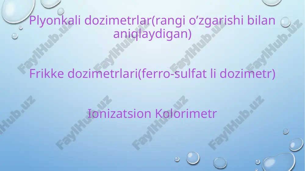 i eritmadan foydalanishga asoslangan. ferrosulfat detektori temir sulfat tuzini sulfat kislotadagi eritmasida tayyorlanadi . eritmada elektrolitik dissotsatsiya jarayonida temirning ikki valentlik ioni hosil bo’ladi . nurlanish ta’sirida suv molekulalarining parchalanishida va radikallar hosil bo’ladi . ionlari radikali yordamida oksidlanib , ionini hosil qiladi . oksidlanish reaksiyasi quiyidagi tenglama orqali amalga oshadi. + ---> + eritmadagi kislorod bilan vodorod atomi birikib radikali yuzaga keltiradi. radikali ham oksidlash hususiyatiga ega. + ---> + eritmalarda bu reaksiyalar natijasida hosil bo’lgan miqdoriga ko’ra yutilgan energiya baholanadi. standart ferrosulfat detektorning tarkibi 2 gramm ; 0,3gramm , 110cm^3 hajmdagi kislotaning 5l distillangan suvdagi eritmasi . bu eritma shisha ampula ichiga quyiladi va og’zi berkitiladi . detektor ishlatishga tayyor! standart detector;larda 100ev energiyaning yutilishida 15,6 ta ionlari hosil bo’ladi . eritmaning optik zichligi o’zgaradi . eritaning rangi ham o’zgaradi. eritmaga kelib tushayotgan nurning quvvatini jo eritmadan o’tgan nurning quvvatini j1 deb belgilasak , u holda eritmaning optic …