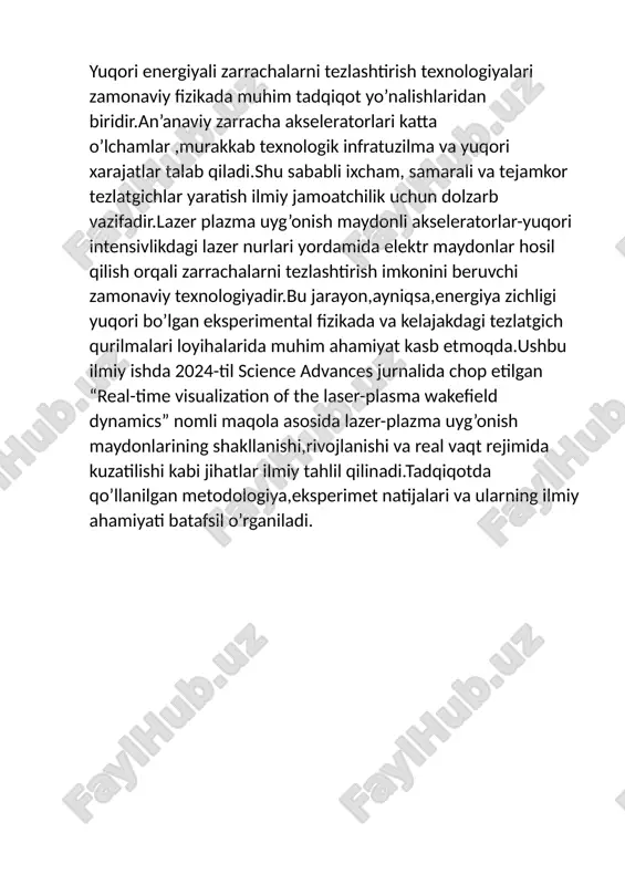 oenergetic electron nurlari olishga erishdi.ya’ni, taxminan 100 mev atrofida. bu tarixda birinchi real muvaffaqiyatli lazer-plazma tezlatgichi sifatida qabul qilingan. keyingi yillardagi plazma tezlatgichlar ancha rivojlanib 2006-yilda elektronlarni 1 gev gacga oshirishga erishildi. 2014-yilga kelib esa bu ko’rsatgich 4.2 gev ni tashqil qildi.bu bosqichda femtosekundli lazerlar,gaz oqim tizimlari va diognostika texnologiyalari rivojlandi. bugungi kunga kelib lazer plazmali tezlatkichlar ko’pincha bir nechta santimetr yoki bir nechta millimetr masofada yuqori energiyali elektronlarni tezlatish imkonini beradi.bu ularni katta hajmli an’anaviy tezlatkichlarga qaraganda ancha ixcham va samarali qiladi. yuqori enrgiya:lazer plazmali tezlatkichlar plazma to’lqinlarining kuchli elektr maydonlaridan foydalangan holda elektronlarni juda yuqori energiyalarga,gev miqyosiga tezlatishga qodir.masalan,plazma to’lqinlari elektr maydonlarini 100 gevjuda katta qiymatdir/m darajagacha olib chiqishi mumkin.bu esa an’anaviy tezlatkichlar bilan sol;ishtirganda juda katta qiymatdir ishlash prinsipi va tuzilishi: 1.lazer impulsi (qizil-to’q sariq rangda): plazmaga yo’naltirilgan kuchli lazer nuri uyg’onish to’lqinlarini hosil qiladi. 2.plazma(kok sohalarda):elektronlar va ionlardan tashkil topgan muhit. lazer shu muhit orqali harakat …