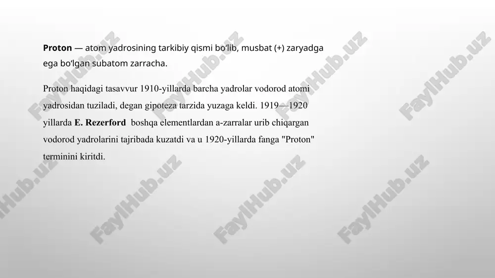 atonlar hosil bo‘ladi. yadro energetikasi, energiya ishlab chiqarishda muhim rol o‘ynaydi. proton zarrachalarini aniqlash usullari detektorlar yuklangan zarrachalarni aniqlash uchun. teleskoplar kosmik proton oqimlarini kuzatadi. yadro tezlatkichlari sun'iy protonlarni ishlab chiqarish va o'rganish. tezlatkichlar orqali proton hosil qilish tezlatkichlar, zarrachalarni yuqori energiyalarda tezlashtirish va ularni to‘qnashuvlarga olib kelish uchun mo‘ljallangan qurilmalardir. ushbu jarayon, yangi zarrachalar, jumladan protonlar, hosil qilishda muhim ahamiyatga ega. proton hosil qilish jarayoni tezlatish: tezlatkichlar, protonlarni kuchli elektr maydonlari yordamida tezlashtiradi. protonlar dastlabki holatda, odatda, vodorod gazidan olinadi. tezlatish jarayoni davomida protonlar energiya oladi va yuqori tezlikka erishadi. to‘qnashuvlar: tezlashtirilgan protonlar boshqa zarrachalar, masalan, protonlar yoki neytronlar bilan to‘qnashganda, energiya almashinuvi sodir bo‘ladi. bu to‘qnashuvlar natijasida kuchli yadroviy kuchlar orqali yangi zarrachalar, jumladan, yangi protonlar va boshqa qisqa muddatli zarrachalar hosil bo‘ladi. tezlatkichlarning ahamiyati tezlatkichlar, zamonaviy fizikadagi eng muhim vositalardan biri hisoblanadi. ular yordamida pratonlar va boshqa zarrachalar hosil qilish, ilmiy kashfiyotlar va nazariyalarni yanada rivojlantirishga imkon …