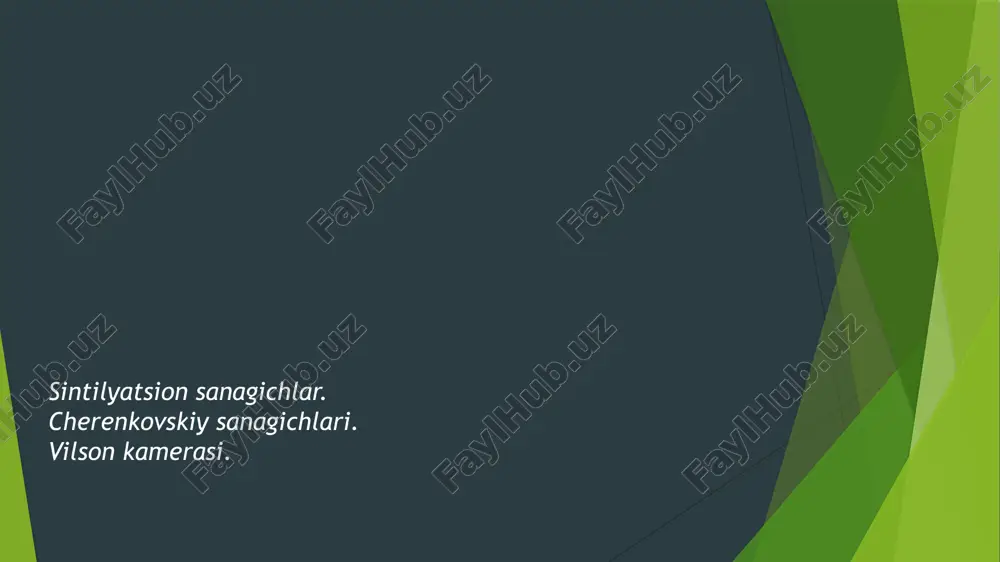 maliyotda pufakchali kameralar(gleyzer kameralari) tomonidan chetga chiqarilib tashlandi. vilson kamerasi . tuzilishi ishlash prinsipi. 1 – zarrachalar manbai 2- porshen 3 , 4 – elektrodlar(elektr maydon hosil qilish uchun) 5 – yoritish uchun lampa 6 – izlar vilson kamerasi ishlashi uchun kamera ichida to’yingan bug’ hosil qilinadi (kamera ichiga spirt bilan namlangan latta joylashtirish misol bo’la oladi) va porshen tushirlishi natijasida kamerada o’ta to’yingan bug’ hosil qilinadi va aynan shu paytda ionlashtiruvchi zarrachalar o’ta to’yingan bug’ molekulalarini ionlashtirda va o’z yo’lida suv tomchilari hosil qiladi ushbu tomchilardan hosil bo’lgan “treck”lar optic qurilmalar misol uchun fotoaparat yordamida rasmga olinib ionlashtiruvchi zarralar qoldirgan izi uzunligi o’rganiladi . agarda kamera ichida magnitlar yordamida magnit maydon hosil qilinsa aylanasimon izlarni ham o’rganishimiz mumkin misol uchun bizga magnit maydon induksiyasi b ma’lum bo’lsa so’ngra qayd qilish yordamida olingan aylanasimon izlar radiusi yordamida ham zarracha enrgiyasini hisoblash mumkin. ushbu g’oya “pufakchali” kamerada qo’llaniladi biroq unda o’ta …