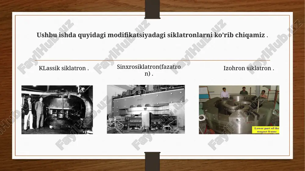 siya chastotasi — 250 hz, nur toki esa chiqarish rejimiga qarab 1,6 dan 2,5 mka gacha bo‘ladi. ushbu uskunadan π-mezonlar, myuonlar, neytronlar va protonlar bilan eksperimentlar o‘tkazish uchun foydalaniladi, xususan, onkologik kasalliklarni davolash sohasidagi tibbiy tadqiqotlar uchun. fozotron huddi siklatron kabi , radioizotop hamda radionuklid ishlab chiqarishda va eng muhimi tibbiyotda nur terapiyasi ya’ni proton terapiyasida ishlatiladi. izohron - siklatronning yaratilish tarixi hamda umumiy tushuncha. klassik siklatron takomillashtirgan modifikatsiyai . zarrachalar chastotasi ularning energiyasidan mustaqiligini ta'minlash maqsadida , magnit maydon radius oshishi bilan ortib boradi. avtofozirovka ni ta'minlash maqsadida magnit maydon azimutal tarzda o'zgartiriladi . cheksiz rejimda ishlaydi . zarrachalarni 500 mev gacha tezlashtirish imkonini beradi zarralar dastasi intensivligi katta sinxrosiklatornga nisbatan sababi cheksiz rejimda ishlaydi. izohron siklatron ishlash prinsipi. izohron siklatron – klassik siklatorn modifikatsiya faqat magnitlari shakli va qiymatlari o’zgargan . boya aytganimizdek avtofozirovka ga erishishimiz uchun maqgnit maydon zarracha radiusi oshishi bilan oshib borishi kerak . biroq …