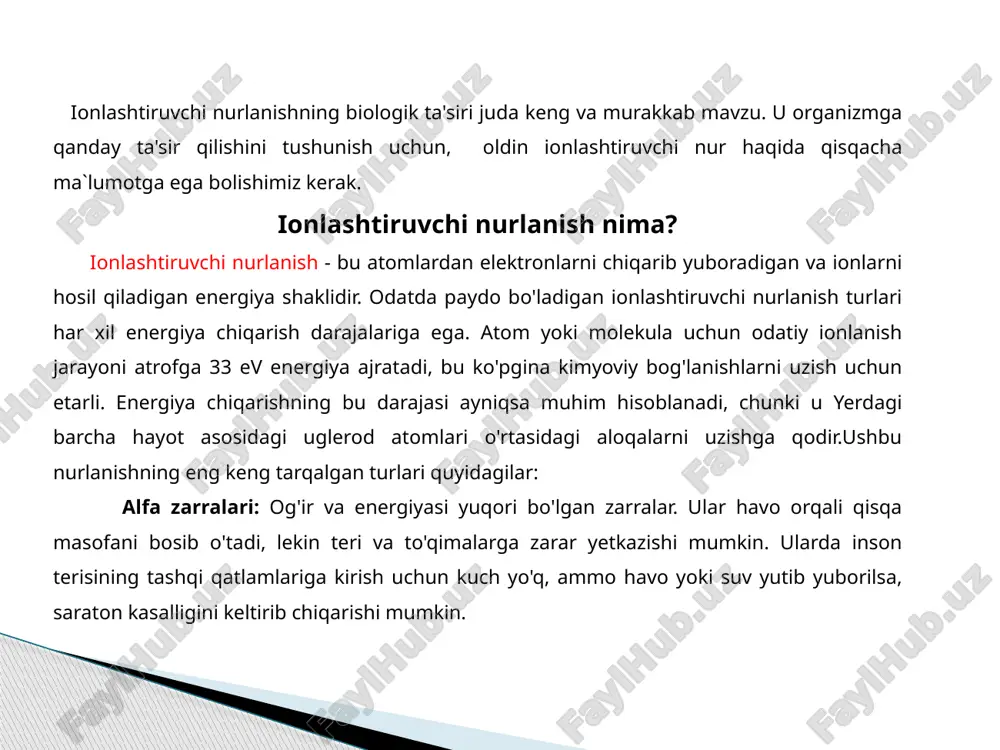 molekulyar ziyonni va hujayraning nazoratsiz o'sishini keltirib chiqarishi mumkin. agar insonning reproduktiv organlari ta'sirida bo'lsa, ionlashtiruvchi nurlanish kelajakda tug'ilmagan bolalarda tug'ma nuqsonlarga olib kelishi mumkin. ionlashtiruvchi nurlanish biologik ta'siri ionlashtiruvchi nurlanish biologik ta'siri organizmning tuzilishi va faoliyatiga katta ta'sir ko'rsatishi mumkin. ionlashtiruvchi nurlanish, masalan, rentgen nurlari, gamma nurlari va beta zarrachalari kabi yuqori energiyali elektromagnit to'lqinlari yoki zarrachalar bilan bog'liq bo'lib, ularning organizmga ta'siri quyidagi asosiy jihatlarni o'z ichiga oladi: 1. hujayra zararlanishi: ionlashtiruvchi nurlanish hujayralar ichidagi molekulalarni ionlashtirib, ularning strukturasini o'zgartirishi mumkin. bu, o'z navbatida, dnk ning buzilishiga va hujayralarning normal faoliyatining buzilishiga olib keladi. 2. genetik mutatsiyalar: dnk ning ionlashtiruvchi nurlanish ta'sirida o'zgarishi genetik mutatsiyalarga sabab bo'lishi mumkin. bu mutatsiyalar keyinchalik saraton kabi kasalliklarning rivojlanishiga olib kelishi mumkin. 3. oqsil sintezining buzilishi: ionlashtiruvchi nurlanish oqsillarni ham zarar etkazishi mumkin, bu esa hujayralarning normal funktsiyasini bajarishga qodir emasligiga olib keladi. 4. toksik effektlar: nurlanishning yuqori dozalari organizmda toksik effektlar …