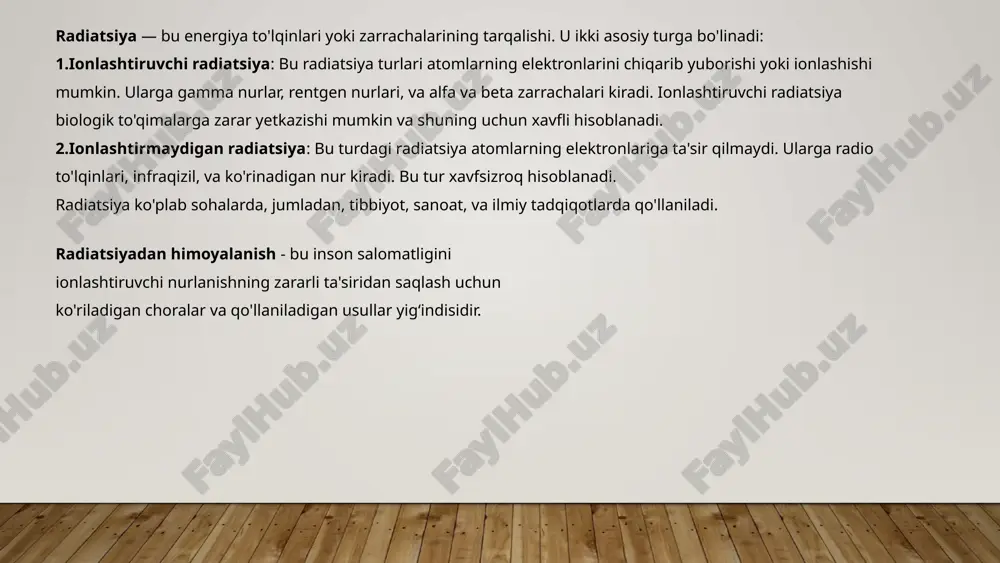 avfsizligi va boshqa omillarning sog'liqqa ta'sirini o'rganish. 7 mkrz tavsiyalari dozalash chegaralari qonuniy va xavfsiz dozalarni belgilaydi. himoyalanish tamoyillari minimal doza, vaqtni qisqartirish va himoya vositalaridan foydalanish. tavsiya etilgan amaliyotlar tashkiliy va individual xavfsizlik choralari. 8 mgate yordami 1 tayyorgarlik favqulodda vaziyatlarga tayyorlikni oshirish. 2 javob berish xavfsizlikni ta'minlash va zararlarni kamaytirish. 3 texnik yordam o‘zbekiston va boshqa davlatlarga texnik ko‘mak. 9 voz global tashabbuslari kasalliklarni oldini olish radiatsiyadan kelib chiqadigan kasalliklarni kamaytirish. davolash radiatsiya ta’siridan aziyat chekkanlarni qo‘llab-quvvatlash. ma’lumot tarqatish jamoatchilikni radiatsiyadan himoya haqida xabardor qilish. 10 xulosa: hamkorlikning ahmiyati xalqaro tashkilotlar o‘zaro hamkorlikda radiatsiyadan himoyalanishni mustahkamlaydi. ularning vazifalari — inson salomatligi va atrof-muhitni himoya qilish. 11 foydalanilgan adabiyotlar. 1. mavlonov a.k., axmedov b.x. radiatsiyaviy xavfsizlik asoslari. – toshkent: fan, 2020. ushbu qoʻllanma radiatsiyaviy xavfsizlikning nazariy asoslari va amaliy choralarini yoritadi. 2. salomova e.l. radiatsion gigiyena. – toshkent: oʻzkitobsavdonashriyot, kitobda radioaktivlik, ionlashtiruvchi nurlanish va inson salomatligiga ta'siri haqida ma'lumotlar …