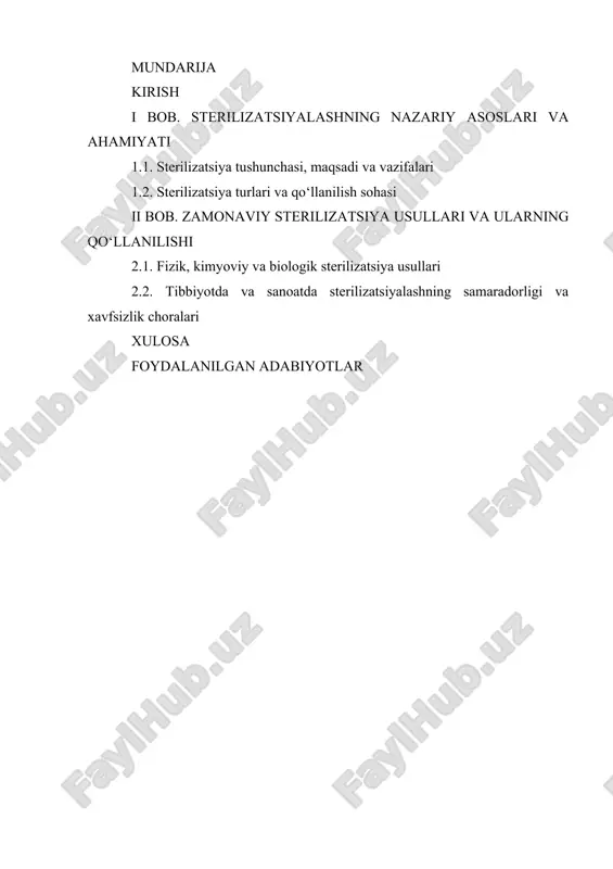 arayon bo‘lib, "steril" holatga erishishni nazarda tutadi, ya’ni unda hech qanday tirik mikroorganizm qolmasligi kerak. sterilizatsiyaning mohiyati mikroorganizmlarning ko‘payish qobiliyatini butunlay yo‘q qilish orqali infeksiya tarqalishining oldini olish va aseptik muhitni ta’minlashdan iboratdir. bu jarayon fizik (yuqori harorat, radiatsiya), kimyoviy (sterillovchi moddalar) yoki mexanik (filtratsiya) usullar yordamida amalga oshirilishi mumkin, har bir usul muayyan maqsadlar va materiallarga mos keladi. [1: abdullayev m.x. mikrobiologiya va immunologiya. – toshkent: “iqtisodiyot”, 2020.] sterilizatsiyaning asosiy maqsadi inson salomatligini himoya qilish va turli sohalarda xavfsizlikni ta’minlashdir[footnoteref:2]. tibbiyotda sterilizatsiya jarrohlik asboblari, implantlar, in’ektsiya uchun eritma va boshqa tibbiy buyumlarni steril holatga keltirish orqali operatsiya va davolash jarayonlarida infeksiya xavfini minimal darajaga tushirish uchun hayotiy zarurat hisoblanadi. steril bo‘lmagan asbob-uskunalar yoki materiallar orqali patogen mikroorganizmlarning bemor organizmiga tushishi jiddiy asoratlarga, shu jumladan operatsiya keyingi yiringli infeksiyalarga, sepsisga va hatto o‘limga olib kelishi mumkin. shuningdek, sterilizatsiya farmatsevtika sanoatida dori vositalarining sterilligini ta’minlash orqali ularning xavfsizligi va samaradorligini kafolatlaydi. …