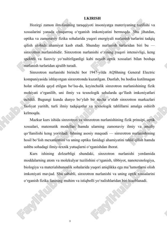 anishining xususiyatlari uning ilmiy tadqiqotlarda va amaliy qo‘llanilishida keng imkoniyatlar yaratadi. 5 sinxrotron nurlanishining asosiy xususiyatlari quyidagilarni o‘z ichiga oladi: intensivlik: sinxrotron nurlanishi juda yuqori intensivlikka ega bo‘lib, u zarracha tezlashishi jarayonida katta miqdorda energiya chiqaradi. bu nurlanishning kuchli bo‘lishi, uni ilmiy tajribalar uchun juda foydali qiladi. monoxromatiklik: nurlanish juda tor spektral diapazonda tarqaladi. bu uni turli materiallarni tahlil qilishda va atomar yoki molekulyar darajada tadqiqotlar o‘tkazishda samarali qiladi. polarizatsiya: sinxrotron nurlanishi yuqori darajada polarizatsiyalangan bo‘lib, bu xususiyat nurlanishning to‘lqin xususiyatlarini o‘rganishda ishlatiladi. sinxrotron nurlanishining kelib chiqishi va uning fizikasi zaryadlangan zarrachalar tomonidan chiqariladigan elektromagnit to‘lqinlar bilan bog‘liq. zaryadlangan zarracha, masalan, elektron, magnit maydonida harakatlanganda, o‘zining tezligini o‘zgartiradi va bu tezlikdagi o‘zgarish natijasida energiya chiqaradi. tezlashayotgan zarrachalarning yo‘nalishini o‘zgartirish uchun ishlatiladigan magnit maydonlarining kuchi va shakli sinxrotron nurlanishining spektral xususiyatlarini belgilaydi. ushbu nurlanish, o‘zining yuqori intensivligi va spektral kengligi bilan, ko‘plab ilmiy va amaliy tadqiqotlarda qo‘llaniladi. masalan, sinxrotron nurlanishi atom …