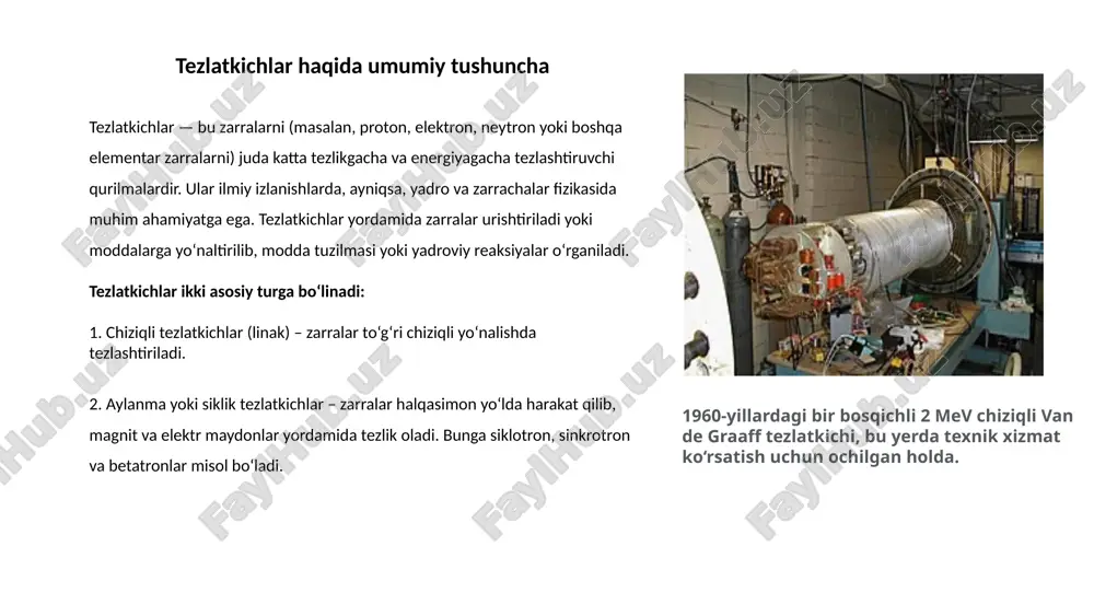 ing ichida manfiy zaryadga ega elektronlar suzib yuradi, degan farazga asoslangan edi. henri becquerel tezlatkichlar yadroviy tadqiqotlarda muhim rol o'ynaydi, chunki ular yuqori energiyali zarralarni ishlab chiqarish va boshqarishda qo'llaniladi. ularning yadro tadqiqotlaridagi asosiy rollari quyidagilardan iborat: zarralarni tezlashtirish: tezlatkichlar atom zarralarini (masalan, protonlar va ionlar) yuqori energiyalarda tezlashtirish uchun ishlatiladi. bu, yadroviy reaksiyalarni o'rganish va yangi elementlarni yaratish imkonini beradi. eksperimental o'lchovlar: tezlatkichlar yordamida olingan yuqori energiyali zarralar, yadro fizikasi eksperimentlarida zarur bo'lgan ma'lumotlarni olishda qo'llaniladi. yadro reaktorlari: tezlatkichlar, ba'zi yadro reaktorlari tizimlarida zarralarni boshqarish va energiya ishlab chiqarishni optimallashtirishda muhimdir. tadqiqot va rivojlanish: tezlatkichlar yordamida yangi materiallar, reaktorlardagi jarayonlar va yadro fizikasi nazariyalarini o'rganish mumkin. yadroviy tadqiqotlarda tezlatkichlar zamonaviy ilmiy rivojlanish va innovatsiyalar uchun asosiy vosita hisoblanadi. elektrostatik zarralar tezlatgichlari elektr zaryadsizlanishi yuqori voltli shift tufayli zarralarni yuqori energiyaga etkazish uchun statik maydonlarga emas, balki dinamik maydonlarga taalluqli texnikadan foydalaniladi. elektrodinamik tezlashish ikkita mexanizmning har ikkisidan kelib chiqishi …