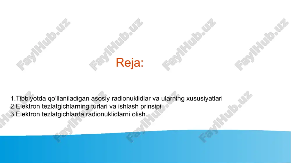 https://www.ansto.gov.au/sites/default/files/2020-06/radionuclides%20in%20me dicine%20student%20worksheet%2019-06-2020%20numbers%20deleted.docx https://en.m.wikipedia.org/wiki/radionuclide  https://www.sciencedirect.com/science/article/abs/pii/s1569486009016015  https://www.ncbi.nlm.nih.gov/books/nbk230654/ https://lss.fnal.gov/archive/2007/pub/fermilab-pub-07-201-esh.pdf https://www.ansto.gov.au/sites/default/files/2020-06/radionuclides%20in%20medicine%20student%20worksheet%2019-06-2020%20numbers%20deleted.docx https://www.ansto.gov.au/sites/default/files/2020-06/radionuclides%20in%20medicine%20student%20worksheet%2019-06-2020%20numbers%20deleted.docx https://en.m.wikipedia.org/wiki/radionuclide https://www.sciencedirect.com/science/article/abs/pii/s1569486009016015 https://www.ncbi.nlm.nih.gov/books/nbk230654/ https://lss.fnal.gov/archive/2007/pub/fermilab-pub-07-201-esh.pdf o`zbekiston milliy universiteti fizika fakulteti tf-2301 guruh mavzu: tibbiyotda qo’llaniladigan radionuklidlarni elektron tez reja: radionuklid nima? slide 5 xususiyatlari turlari slide 8 tibbiyotda qo’llaniladigan asosiy radionuklidlar tezlatgichlar va ularning turlari mikrotron siklotron chiziqli tezlatgichlar tezlatgichlarda radionuklidlarni olish tibbiyotda tezlatgichlarda olingan radionuklidlardan nega foyda xulosa foydalanilgan adabiyotlar