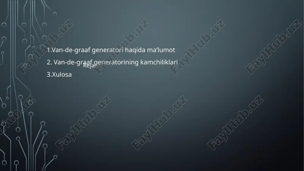 ar: 1.tezlatgichlar fizikasi yuldashev b.s,qayumov m.a,bozorov e.x 2. https://ru.m.wikipedia.org/wiki/ https://ru.m.wikipedia.org/wiki/ mirzo ulug’bek nomidagi o’zbekiston milliy universiteti fizika taqdimot mavzusi: van-de-graaf generatori yangi avlodlari reja: van-de-graaf generatori haqida ma’lumot slide 5 van - de - graaf generatori van-de-graaf generatori slide 8 van-de-graaf generatorining kamchiliklari slide 10 van-de-graaf generatori van de graaff generatorlarining yangi avlodi texnologik yutuqla slide 13 umumiy tushunchalar slide 15 van de graaff generatorlari yuqori energiyali zarrachalar yara slide 17