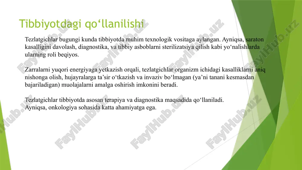 iziqli yo‘nalishda tezlashtiriladi. har bir bosqichda elektromagnit to‘lqinlar yordamida zarraga energiya beriladi. tuzilishi nisbatan oddiy. tibbiyotda va ilmiy tadqiqotlarda qo‘llaniladi. misol: slac (aqsh) – elektronlar uchun mo‘ljallangan chiziqli tezlatgich. aylana tezlatgichlar (circular accelerators) •zarralar halqasimon yo‘ldan aylantirilib tezlashtiriladi. •magnit maydonlar yordamida zarra doira bo‘ylab harakatga keltiriladi. •tezlik oshgani sari radius ham kengayadi (sinxrotronlarda). turlari: •siklotron – past energiyali, kompakt. •sinxrotron – yuqori energiyali, murakkab tizim. sanoatdagi qo‘llanilishi: tezlatgichlar nafaqat ilmiy tadqiqotlarda, balki sanoat sohasida ham keng qo‘llanilmoqda. ularning yuqori energiyali nurlari va aniqligi sanoatdagi bir qancha jarayonlarda tejamkorlik, aniqlik va sifatni oshirish uchun xizmat qiladi. plastmassa, kauchuk va boshqa polimerlarni mustahkamlash, ularning issiqqa chidamliligini oshirish. •elektr kabellari, avtomobil qismlari, tibbiy vositalar uchun kerakli xossalarga ega materiallar yaratish. masalan: elektr kabeli izolyatsiyasining qizishga chidamligini oshirish uchun elektron nurlari bilan ishlov beriladi. sterilizatsiya va dezinfeksiya: •tibbiy asbob-uskunalar, dori qadoqlari, shpritslar, jarrohlik buyumlarini mikroblardan tozalash. •oziq-ovqat mahsulotlarini uzoq muddatli saqlash uchun bakteriyalardan tozalash. …