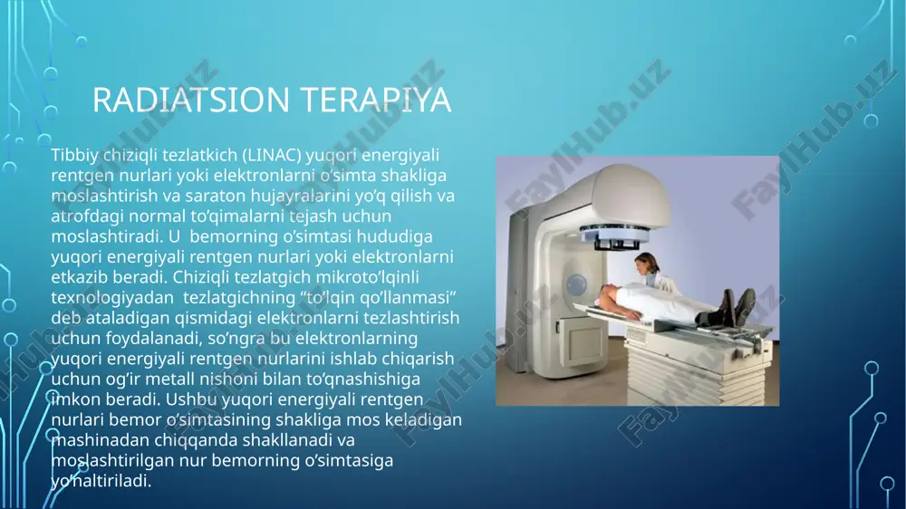 ajratiladi (nojo‘ya ionlar olib tashlanadi). 4. yo‘naltirish va zarba: tezlatilgan ionlar to‘g‘ri burchak ostida material (odatda kremniy plastinka) yuzasiga yo‘naltiriladi. tezlik tufayli ionlar materialga chuqur kiradi va ichki qatlamdagi tuzilmani o‘zgartiradi. oziq-ovqat mahsulotlarini nurlantirish (irradiatsiya) – bu mahsulotlarni zararli mikroorganizmlar, parazitlar va hasharotlardan tozalash, saqlanish muddatini uzaytirish va xavfsizligini ta’minlash uchun ionlashtiruvchi nurlanish bilan ishlov berish usuli. bu jarayonda tezlatgichlar (acceleratorlar) muhim rol o‘ynaydi. tezlatgichlarning oziq-ovqat nurlantirishdagi ahamiyati: 1. zarur energiyani ta’minlash: tezlatgichlar elektronlar yoki gamma-fotonlar (qattiq nurlanish) ishlab chiqaradi. elektron tezlatgichlar mahsulotga 3–10 mev energiyali elektron nurlari yuboradi. bu mikroorganizmlar dnksini shikastlab, ularning ko‘payishini to‘xtatadi. 2. kimyoviy qoldiqlar qoldirmaydi: nurlanish jarayoni issiqlik yoki kimyoviy moddalar talab qilmaydi, mahsulotlar tabiiy holatini saqlab qoladi. 3. turli mahsulotlar uchun moslashuvchanlik: tezlatgichlar yordamida go‘sht, ziravorlar, sabzavotlar, mevalar va don mahsulotlari kabi turli mahsulotlar nurlantiriladi. 4. yuqori nazorat va xavfsizlik: tezlatgichlarda nurlanish jarayoni aniq nazorat qilinadi – doza, chuqurlik va vaqt sozlanadi. zarur bo‘lsa, …