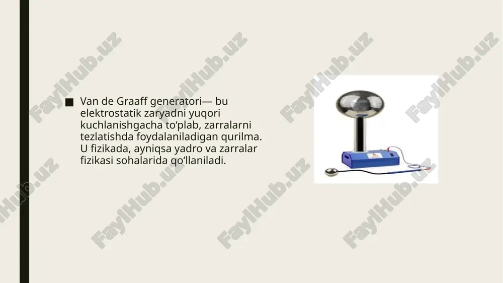 acha tezlatish imkonini beradi. 3. tiniq zarracha nurlari  tezlatilgan zarchalar yo’nalishi barqaror va tahlil uchun aniq natija beradi 4. dispersiyasiz energiya:  kuchlanish stabilligidan kelib chiqib, zarrachalar energiyasi deyarli bir xil bo‘ladi (yadro fizikasi uchun foydali). 5. radiatsiya xavfi past:  nukleer reaktor yoki sinxrotronlarga nisbatan kamroq radiatsiya tarqatadi. 6. o‘quv va ilmiy maqsadlarda ideal:  universitetlar, ilmiy markazlarda laboratoriya tajribalari uchun keng qo‘llaniladi. afzalligi; kamchiligi; 1. kuchlanish chegarasi: • elektr zaryadining havoga sizib chiqishi sababli maksimal kuchlanish chegaralangan (taxminan 10 mv gacha). 2. ion oqimi (zarracha intensivligi) past: • tezlatilgan zarrachalar miqdori nisbatan kam, bu sanoat miqyosida cheklov bo‘ladi. 3. zaryad to‘planishi sekin: • zaryad lenta orqali yuqoriga sekin yetkaziladi, natijada energiya yig‘ilishi ko‘p vaqt oladi. 4. hajmi katta: • yuqori kuchlanishni hosil qilish uchun qurilma kattalashadi, bu esa joy va texnik xizmat ko‘rsatishda muammo tug‘diradi. 5. yonilg‘i yoki zarracha manbai cheklangan: • faqat ba’zi turdagi ionlar bilan …