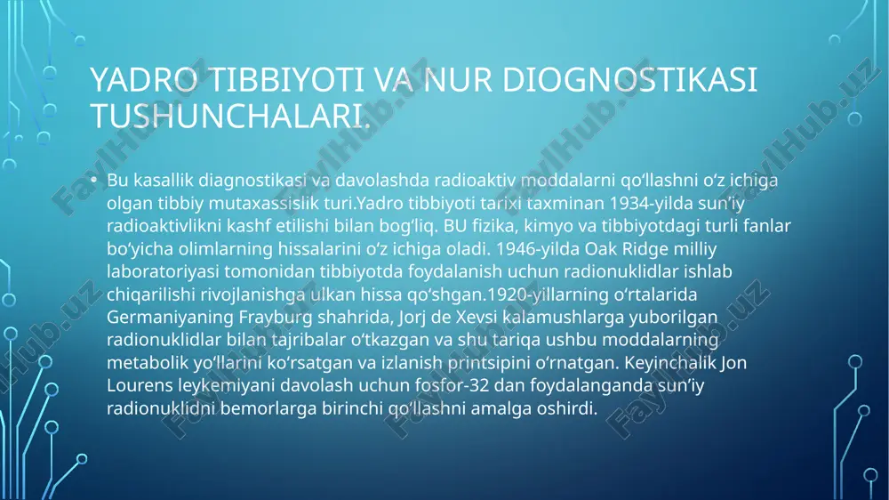 turli kasalliklarni aniqlash va baholashga yordam beradi. xususan: erta tashxis qo‘yish – yadro tibbiyoti yordamida kasalliklar erta bosqichda aniqlanadi. masalan, saraton, yurak kasalliklari va nevrologik muammolarni tashxislashda qo‘llaniladi. funksional tahlil – oddiy rentgen yoki mrt anatomik tuzilishni ko‘rsatsa, yadro tibbiyoti organ va to‘qimalarning funksional faoliyatini baholash imkonini beradi. aniqlik va sezgirlik – radioaktiv izotoplar juda kam miqdorda ishlatilsa ham, ular kasallik o‘choqlarini aniq va tez topishga yordam beradi. pet va spect skanerlari: 5. yurak kasalliklarini tashxislash – miokard perfuziya skaneri yordamida yurak mushaklariga qon oqimi qanday taqsimlanayotgani tahlil qilinadi. 6. neyrologiya – alzheimer kasalligi, parkinson va boshqa nevrologik kasalliklarni erta bosqichda aniqlashda yadro tibbiyoti muhim ahamiyatga ega. 7. endokrin kasalliklar – qalqonsimon bez kasalliklarini aniqlash uchun radioaktiv yod (i-131) ishlatiladi. yagona fotonli emissiya kompyuter tomografiyasi( spect) gamma nurlaridan foydalangan holda yadroviy tibbiyot tomografik tasvirlash usulidir. bu gamma-kamera (yaʼni sintigrafiya) yordamida anʼanaviy yadroviy tibbiyot planar tasviriga juda oʻxshaydi, lekin haqiqiy 3d …