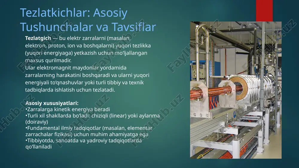 yerda qo‘llaniladi? ilmiy tadqiqotlarda zarralar fizikasi (masalan, kvarklar, leptonlar o‘rganiladi) katta hadron kollayderi (lhc) – dunyodagi eng katta tezlatgich materiya tuzilishini chuqur o‘rganish tibbiyotda radioterapiya: saraton hujayralarini nurlantirib davolash izotop ishlab chiqarish: diagnostika va davolashda qo‘llaniladigan radioizotoplar (masalan, pet) zarraviy nurlantirish terapiyasi sanoatda materiallarni modifikatsiya qilish (polimerlar, qoplamalar) yadro yoqilg‘ilarini tekshirish metall va plastmassalarni tahlil qilish tezlatgichlarning afzalliklari va kamchiliklari afzalliklari: ilm-fan rivoji uchun muhim – koinotning asosiy zarrachalari o‘rganiladi – yangi fizik qonuniyatlar aniqlanadi tibbiyotda keng qo‘llaniladi – saraton kasalligini davolashda (proton terapiya) – diagnostikada (radioaktiv izotoplar) sanoat va texnologiyada foydali – materiallarni tahlil qilish – yangi moddalarning fizik xossalarini o‘rganish yadro xavfsizligi va ekologiya – zarraviy nazorat orqali ifloslanish darajasini aniqlash kamchiliklari: juda qimmat loyihalar – qurilish va ishlatish xarajatlari juda katta – katta texnik xizmat ko‘rsatish talab etiladi katta joy talab qiladi – aksariyat tezlatgichlar katta binolar va infratuzilma talab qiladi (masalan, lhc) yuqori energiya iste'moli – …
