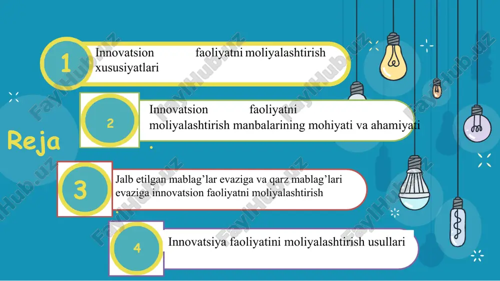b qiladi. innovatsion g'oyalar va texnologiyalarni amalga oshirish uchun barcha kerakli resurslar va zarur infratuzilma ta'minlanishi lozim. shunday qilib, innovatsion faoliyatni moliyalashtirish manbalari iqtisodiy o'sish, yangi imkoniyatlar yaratish va jahon bozorida raqobatbardosh bo'lish uchun juda muhimdir. rasmga diqqat bilan qarang va fikrlang innovatsion faoliyatni moliyalashtirishda jalb etilgan mablag’lar va qarz mablag’lari asosiy moliyaviy manbalarni tashkil etadi. ushbu ikki turdagi mablag'lar innovatsion loyihalar, startaplar yoki texnologiyalarni rivojlantirishda farqli yondashuvlarni taqdim etadi va har biri o'ziga xos afzalliklar hamda risklarni keltirib chiqaradi. 1. jalb etilgan mablag'lar evaziga innovatsion faoliyatni moliyalashtirish jalb etilgan mablag'lar — bu startaplar, kompaniyalar yoki loyihalar tomonidan investorlar, moliyaviy tashkilotlar yoki boshqa tashqi manbalar orqali to'plangan kapitaldir. bu turdagi mablag'lar odatda "qarzga" emas, balki investitsiya sifatida jalb etiladi va kapitalni o'zlashtirishda yuqori risk mavjud bo'lishi mumkin. 2. qarz mablag'lari evaziga innovatsion faoliyatni moliyalashtirish qarz mablag'lari — bu kompaniya yoki loyiha tomonidan qarz shaklida olinadigan mablag'lar bo'lib, ular ma'lum bir …