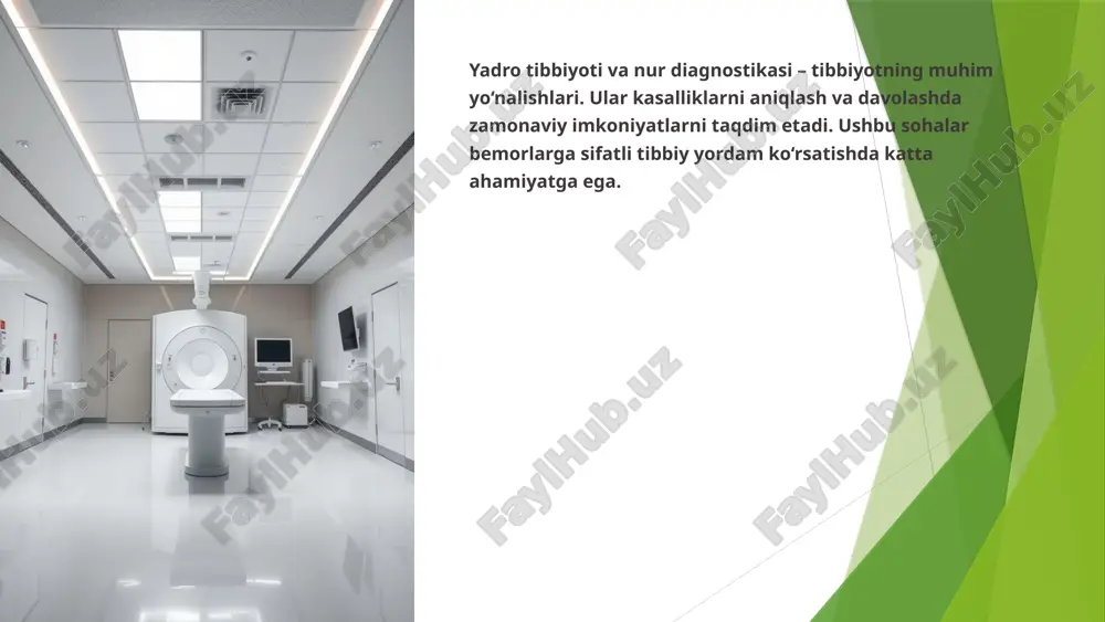 kt apparati katta halqa shaklida bo'lib, bemor halqa ichiga joylashtiriladi. bemor nisbatan harakatsiz bo'lishi kerak, shunda tasvirlar aniq chiqadi. 5. operator paneli shifokor yoki texnik ktni boshqarish uchun operator panelidan foydalanadi. bu panel orqali tekshiruv jarayonini boshqarish, tasvirlarni olish va natijalarni ko'rish mumkin. kompyuter tomografiyasi (kt) tibbiyotning turli sohalarida qo’llaniladigan ilg’or tasvirlash usulidir. kt tananing ichki tuzilmalarining batafsil tasvirlarini yaratish uchun rentgen nurlari va kompyuter texnologiyalarini birlashtiradi. ushbu texnologiya ko’plab kasalliklarni tashxislash va davolashda muhim rol o’ynaydi. birinchi marta 1970-yillarda ishlab chiqilgan ushbu texnologiya tibbiyotda inqilobiy yutuq deb hisoblanadi. kt tanadagi ichki tuzilmalarni, masalan, organlar, suyaklar, yumshoq to’qimalar va qon tomirlarini aniq tasvirlashi mumkin. rentgen apparati — bu tibbiyotda keng qo'llaniladigan tasvirlash usuli bo'lib, u tanadagi ichki tuzilmalarni rentgen nurlari yordamida ko'rsatadi. rentgen apparati quyidagi asosiy qismlardan iborat: 1. rentgen manbai u yuqori energiyali rentgen nurlarini ishlab chiqaradi. manba elektr energiyasidan foydalanib, elektronlarni tezlashtiradi va ularni ma'lum bir materialga (odatda, …