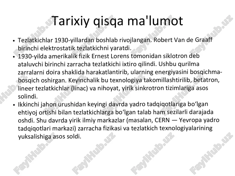 ichki tuzilmasini analiz qilish mumkin. bu turdagi tahlillar yangi kompozit materiallar ishlab chiqish uchun juda muhim. yadro texnologiyalari va sanoat sterillash yadro sanoatida tezlatkichlar radionuklidlar hosil qilish, xavfsiz portlash tahlillari va radiatsion sterilizatsiya uchun ishlatiladi. ayniqsa, tibbiy implantlar, shpritslar, paketlar va dori vositalarining mikroblardan tozalash jarayonlarida nurlantiruvchi tezlatkichlar keng qo‘llaniladi. bu usul an'anaviy sterilizatsiya metodlariga qaraganda samaraliroq, tezroq va kimyoviy moddalardan xoli hisoblanadi. tezlatkichlarning afzalliklari 1. noan’anaviy ishlov berish imkoniyati tezlatkichlar orqali moddaning sirtini mexanik tarzda emas, balki ion yoki elektron nurlanish yordamida modifikatsiya qilish mumkin. bu usul nozik materiallar bilan ishlashda muhim (masalan, yarimo‘tkazgichlar yoki biologik to‘qimalar). 2. kontakt bo‘lmagan texnologiya zarrachalar modda bilan jismonan tegishmaydi, balki masofadan ta’sir qiladi. bu sirtni ifloslantirmaslik, issiqlik bilan zararlamaslik va steril muhitda ishlash imkonini beradi. 3. juda yuqori aniqlik zarralarni atom darajasigacha boshqarish mumkinligi tufayli materiallar ichiga nano- aniqlikda ionlar joylashtiriladi. masalan, elektronika sanoatida tranzistor o‘lchami 5 nanometrgacha qisqartirilgan. 4. sanoat samaradorligini …