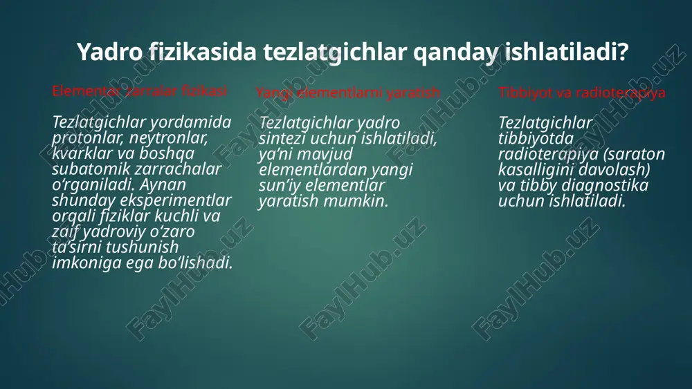 tadqiqotlar sohalarida nurlanishdan xavfsiz foydalanishni ta’minlash uchun ishlab chiqilgan. kelajakdagi imkoniyatlar yangi tezlatgichlar atomning ichki tuzilishini yanada chuqurroq o'rganish uchun quriladi. qorong'u materiya koinotning 95% ni tashkil etadi, ammo biz ularni hali tushunmaymiz, izlash. yangi davolash usullari aniqroq va samaraliroq terapiyalar yaratish. 9 xulosa tezlatgichlar yadro fizikasida muhim rol o'ynaydi. fundamental bilimlarni oshirishga yordam beradi. ular tibbiyot, sanoat va energetika kabi sohalarda muhim qo'llanilishga ega. kelajakdagi tezlatgichlar bizga koinot va texnologiya haqida yangi tushunchalarni beradi. 10 etiboringiz uchun raxmat foydalanilgan manbalar "radiatsion xavf, nurlanish va uning odam organizmiga ta’siri“ https://home.cern https://uz.wikipedia.org/wiki/cern https://uz.wikipedia.org/wiki/cern_httpd https://uz.martech.zone/acronym/cern/ image6.jpeg image7.png image8.png image9.jpeg image2.png image3.png image4.png image5.png