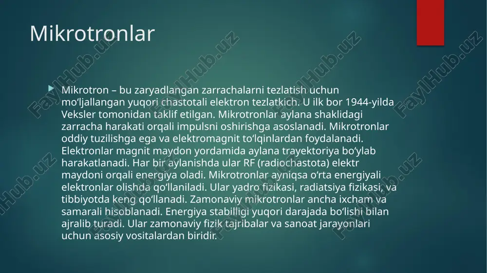 a ahamiyatga ega. radioterapiyada zarrachalarni yo‘naltirib, o‘simtalarni aniq nurlantirish uchun ishlatiladi. zamonaviy mikrotronlar past va o‘rta energiyali elektron nurlarini hosil qiladi. bu nurlar faqat zararlangan to‘qimalarga ta’sir etib, sog‘lom hujayralarni saqlaydi. mikrotron asosidagi akseleratorlar onkologik klinikalarda keng tarqalgan. radiokirurgiya, radiodiagnostika va pet apparatlarida ham mikrotronlar ishlatiladi. kichik o‘lchamli mikrotronlar mobil klinikalarda ham o‘rnatilishi mumkin. ushbu qurilmalar aniq dozani nazorat qilish imkonini beradi. yangi mikrotronlar yordamida davolash vaqti qisqaradi, ta’siri esa kuchayadi. tibbiy mikrotronlar yuqori ishonchlilik va xavfsizlik talablariga javob beradi. shuningdek, ularni steril muhitda qo‘llash uchun maxsus dizaynlashtirilgan. afzalliklari: ixchamlik, energiya tejamkorligi, yuqori samaradorlik, aniqlik, avtomatlashtirilgan boshqaruv. ular turli sohalarda keng foydalanilishi bilan ajralib turadi. portativ va mobil versiyalari mavjud. radiatsion xavfsizlik darajasi yuqori. kam xizmat ko‘rsatish bilan uzoq ishlaydi. kamchiliklari: dastlabki xarajat yuqori, sovutish tizimi murakkab. supero‘tkazuvchi tizimlar uchun maxsus sharoit kerak. ularni o‘rnatish va sozlashda mutaxassis kerak bo‘ladi. texnologiyasi murakkabligi sababli ko‘p joylarda hali tatbiq etilmagan. har doim …