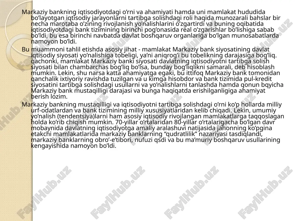 ing mavjudligi va uning shakllari. markaziy bankning kapitalida va foydasini taqsimlashda davlatning ishtiroki omili markaziy bank iqtisodiy mustaqilligining qanchalik darajadaligini ko’rsatadi. lekin bu qaramlik ikkilamchi rol oynaydi, chunki markaziy bankning kapitali tqg’ridan- tqg’ri davlatga tegishli bo’lmasa ham, qonunchilikda ma’lum sharh (izoh) mavjud bo’ladi. agar mavjud bo’lmasa, davlat egri usullardan foydalanadi. misol qilib, avstriya milliy banki haqidagi qonunni olaylik. bu bank xuddi hissador jamiyati shaklida tuzilgan va faoliyat ko’rsatmoqda (markaziy bankning 50 foiz kapitali federatsiyaga, qolgan 50 foizi kapitali avstriyalik huquqiy va jismoniy shaxslarga tegishli). markaziy bank kapitaliga faqat moliya vazirligidan ruxsat olgan huquqiy va jismoniy shaxslargina ulush qqsha olish huquqiga egadirlar. pay (ulush) meros (vorislik) orqali qtishi yoki moliya vazirligi ruxsati bilan sotilishi mumkin. shu orqali davlat bilvosita nazoratni amalga oshirishi mumkin. https://fayllar.org/5-sinf-botanika-fanidan-nazorat-ishlari-nazorat-ishi-ni-1-mavz.html https://fayllar.org/5-sinf-botanika-fanidan-nazorat-ishlari-nazorat-ishi-ni-1-mavz.html https://fayllar.org/5-sinf-botanika-fanidan-nazorat-ishlari-nazorat-ishi-ni-1-mavz.html https://fayllar.org/5-sinf-botanika-fanidan-nazorat-ishlari-nazorat-ishi-ni-1-mavz.html https://fayllar.org/5-sinf-botanika-fanidan-nazorat-ishlari-nazorat-ishi-ni-1-mavz.html bundan tashqari, markaziy bankning funktsiya va vazifalari qonunda ko’rsatilgan. shu sababli ulush egalari yig’ilishi chegaralangan masalalarnigina echa oladi. albatta, bu masalalar bankning iqtisodiy …