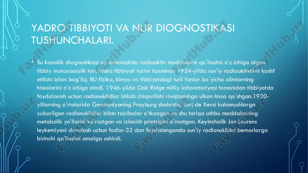 ordam beradi. xususan: 1. erta tashxis qo‘yish – yadro tibbiyoti yordamida kasalliklar erta bosqichda aniqlanadi. masalan, saraton, yurak kasalliklari va nevrologik muammolarni tashxislashda qo‘llaniladi. 2. funksional tahlil – oddiy rentgen yoki mrt anatomik tuzilishni ko‘rsatsa, yadro tibbiyoti organ va to‘qimalarning funksional faoliyatini baholash imkonini beradi. 3. aniqlik va sezgirlik – radioaktiv izotoplar juda kam miqdorda ishlatilsa ham, ular kasallik o‘choqlarini aniq va tez topishga yordam beradi. 4. pet va spect skanerlari: • 5. yurak kasalliklarini tashxislash – miokard perfuziya skaneri yordamida yurak mushaklariga qon oqimi qanday taqsimlanayotgani tahlil qilinadi. • 6. neyrologiya – alzheimer kasalligi, parkinson va boshqa nevrologik kasalliklarni erta bosqichda aniqlashda yadro tibbiyoti muhim ahamiyatga ega. • 7. endokrin kasalliklar – qalqonsimon bez kasalliklarini aniqlash uchun radioaktiv yod (i-131) ishlatiladi. yagona fotonli emissiya kompyuter tomografiyasi( spect) gamma nurlaridan foydalangan holda yadroviy tibbiyot tomografik tasvirlash usulidir. bu gamma-kamera (yaʼni sintigrafiya) yordamida anʼanaviy yadroviy tibbiyot planar tasviriga juda oʻxshaydi, lekin …