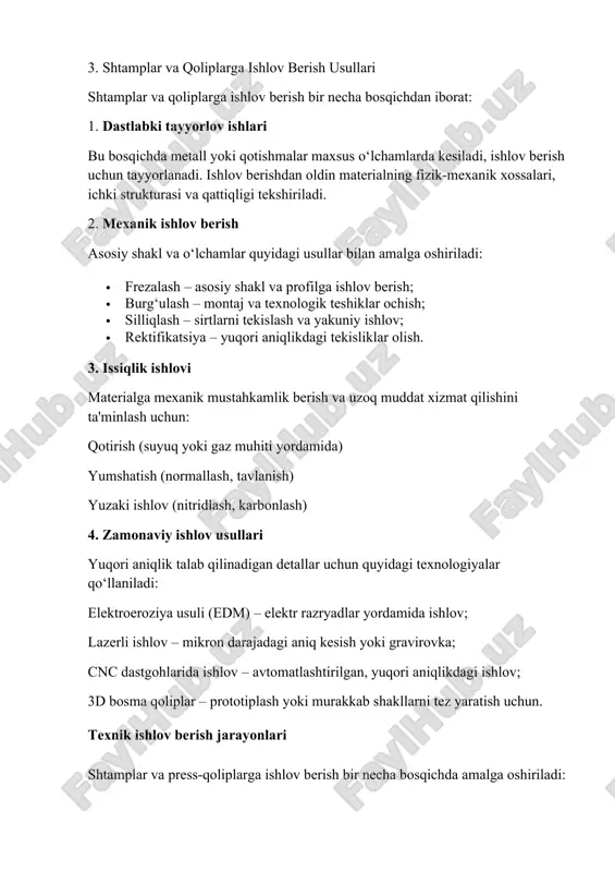 iqlikdagi tekisliklar olish. 3. issiqlik ishlovi materialga mexanik mustahkamlik berish va uzoq muddat xizmat qilishini ta'minlash uchun: qotirish (suyuq yoki gaz muhiti yordamida) yumshatish (normallash, tavlanish) yuzaki ishlov (nitridlash, karbonlash) 4. zamonaviy ishlov usullari yuqori aniqlik talab qilinadigan detallar uchun quyidagi texnologiyalar qo‘llaniladi: elektroeroziya usuli (edm) – elektr razryadlar yordamida ishlov; lazerli ishlov – mikron darajadagi aniq kesish yoki gravirovka; cnc dastgohlarida ishlov – avtomatlashtirilgan, yuqori aniqlikdagi ishlov; 3d bosma qoliplar – prototiplash yoki murakkab shakllarni tez yaratish uchun. texnik ishlov berish jarayonlari shtamplar va press-qoliplarga ishlov berish bir necha bosqichda amalga oshiriladi: · metall tanlash va tayyorlash. · qirindili ishlov (tokarlik, frezalash, silliqlash). · issiqlik ishlovi (qotirish, yumshatish). · yuzani qayta ishlash (silliqlash, jilvirlash). · montaj va sozlash. zamonaviy texnologiyalar bugungi kunda quyidagi ilg‘or texnologiyalar keng qo‘llaniladi: · cnc dastgohlari – yuqori aniqlik va tezlik. · lazerli ishlov – mukammal kesish va shakllantirish. · cad/cam tizimlari – loyihalashni avtomatlashtirish. …
