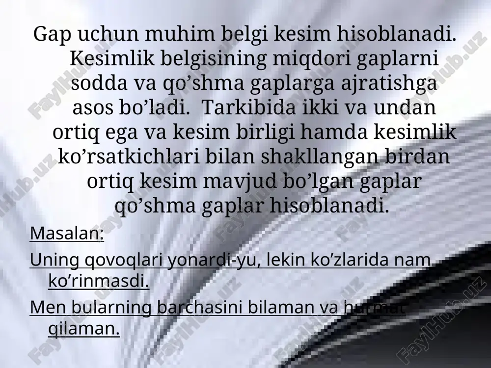 onli odam esa o’zining sharaf-u shonini saqlaydi. qiyoslash yaxshilik obro’ keltiradi, yomonlik bo’lsa zulmatga olib boradi. zidlash zidlash munosabati ifodalanganda qismlarda zid ma’noli so’zlar qo’llanadi yoki qismlar bo’lishli va bo’lishsiz shakllarda zidlanadi: to’g’ri til tosh yoradi, egri til esa bosh yoradi. e’tiboringiz uchun tashakkur