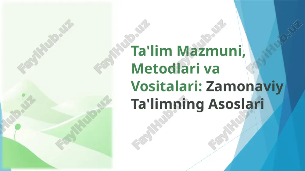ositalar o‘quvchilarning e'tiborini tortadi va ularni o‘quv jarayoniga faol jalb qiladi. amaliy ko‘nikma shakllantirish simulyatsiyalar, virtual laboratoriyalar orqali amaliy tajribalar orttirish imkonini beradi. mustaqil o‘rganishni qo‘llab-quvvatlash onlayn resurslar va dasturlar o‘quvchilarga o‘z sur'atlarida o‘rganishga yordam beradi. 10 ta'lim metodlari va vositalarining o‘zaro bog‘liqligi ta'lim jarayonida metodlar va vositalar ajralmas bog‘liqdir. metodlar vositalarsiz to‘liq samaradorlikka erisha olmaydi, xuddi vositalar ham to‘g‘ri metodlarsiz faqatgina quruq ma'lumot uzatish vositasi bo‘lib qolishi mumkin. o'qitish usullari ta'lim vositalari samarali o'rganish masalan, interaktiv metodlarni multimedia vositalari (videolar, animatsiyalar) bilan birlashtirish o‘quvchilarga mavzuni chuqurroq tushunish, ma'lumotni mustahkamlash va eslab qolishga yordam beradi, natijada yuqori samaradorlik ta'minlanadi. 11 zamonaviy ta'limda innovatsiyalar innovatsiyalar – kelajak ta'limining kaliti! innovatsion yondashuvlar o‘quvchilarda nafaqat bilim, balki mustaqil fikrlash, ijodkorlik va doimiy o‘rganish ko‘nikmalarini ham rivojlantiradi. scaffold kartalari: murakkab mavzularni soddalashtirish va vizuallashtirish orqali o‘rganishni osonlashtiradi. onlayn platformalar va mooc'lar: dunyoning istalgan nuqtasidan sifatli ta'lim olish imkonini beradi. virtual va to‘ldirilgan reallik (vr/ar): …