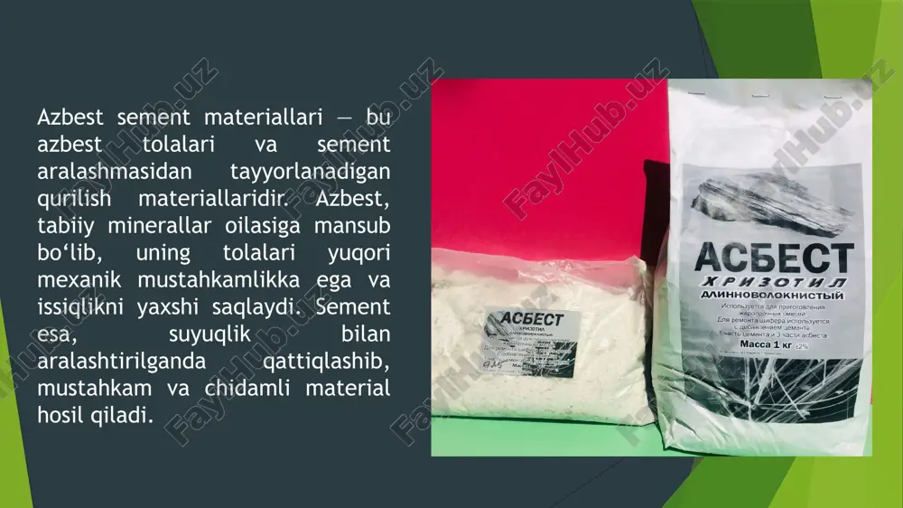 a, rangli azbest sement materiallarining harorat va namlikka chidamliligi yuqori bo‘ladi, shuning uchun ularni konditsionerlar yordamida mos sharoitlarda saqlash zarur. rangli azbest sement materiallarining qo‘llanilishi: devor plitalari va qoplamalar: rangli azbest sement materiallari, odatda, devorlar va pardalar uchun ishlatiladi. ular ko'plab bino va inshootlarda, ayniqsa, tashqi qoplamalar uchun keng qo'llaniladi, chunki ular yuqori issiqlikka, suvga va sovuqka chidamli. izolyatsiya materiallari: azbest sement materiallari issiqlik va shovqinni izolyatsiya qilishda samarali hisoblanadi. bularni ko'pincha elektr stantsiyalari, fabrikalar va boshqa sanoat obyektlarida ishlatishadi. plitkalar va boshqa qurilish elementlari: rangli azbest sement plitkalari va boshqa qurilish materiallari poydevorlar, yoritish va qoplama materiallari sifatida ishlatiladi, chunki ular uzoq muddat xizmat qilish va arzon narxlarda ishlab chiqarish imkonini beradi. ishlab chiqarish samaradorligini oshirish: ilg‘or texnologiyalar: azbest sement materiallarini ishlab chiqarishda yangi texnologiyalarni joriy etish orqali ishlab chiqarish samaradorligini oshirish mumkin. masalan, avtomatlashtirilgan tizimlar yordamida xom ashyolarni aniq va samarali taqsimlash, energiya sarfini kamaytirish va ishlab chiqarish …