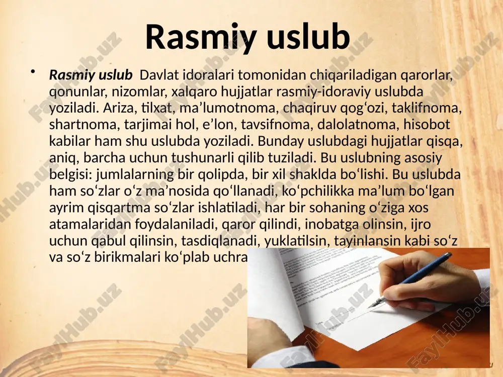 r bir uslubni yaratuvchi vositalar mavjud. bularni quyidagi turlarga bo‘lish mumkin: 1. leksik vositalar: sinonim, omonim, antonim, paronim, ko‘p ma’nolilik, tag ma’no (gapning tagida yashiringan ma’no), sifatlash, o‘xshatishlar, frazeologik birlik, sheva, noadabiy so‘zlar (jargon, argo, so‘kish, qarg‘ish kabilar), kasb-hunar so‘zlari, mubolag‘a (giperbola), arxaik va tarixiy so‘zlar, atamalar. 2. fonetik vositalar: nutq tovushlari, ohang, urg‘u. 3. grammatik vositalar: a) morfologik vositalar: har bir so‘z turkumi; b) sintaktik vositalar: gap bo‘laklari, ritorik so‘roq gaplar, undalma, kirish so‘z, kirish birikma, sodda va qo‘shma gaplar, ko‘chirma va o‘zlashtirma gaplar. ma’lum bir uslubga tegishli bo‘lgan so‘zlar uslubiy xoslangan so‘zlar deb yuritiladi: yanglig’ so‘zi badiiy uslubga, omonim, sinonim so‘zlari ilmiy uslubga, balli, ketvorgan kabi so‘zlar so‘zlashuv uslubiga, faollar yig‘ilishi, siyosiy maydon kabi so‘z birikmalari ommabop uslubga xosdir. so‘zlashuv uslubida ham, kitobiy uslubda ham ishlatilaveradigan so‘zlar uslubiy betaraf so‘zlar hisoblanadi: suv, tog’, bola, xat. bu so‘zlar ko‘chma ma’noda qo‘llansa, ma’lum bir uslubga tegishli bo‘lishi mumkin. image2.jpeg image3.png …