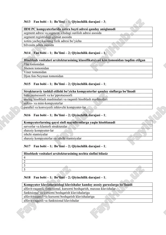 adi serverlar va klasterli strukturalar shaxsiy kompyuter-lar ishchi stantsiyalar shaxsiy kompyuterlar va ishchi stantsiyalar №17 fan bobi – 1; bo’limi – 2; qiyinchilik darajasi – 1; hisoblash vositalari arxitekturasining nechta sinfini bilasiz 4 2 3 5 №18 fan bobi – 1; bo’limi – 2; qiyinchilik darajasi – 1; kompyuter klaviaturasidagi klavishalar kanday asosiy guruxlarga bo’linadi alfavit-raqamli, funktsio​nal, kursorni boshqarish, maxsus klavishalar funktsio​nal va kursorni boshqarish klavishalariga alfavit-raqamli va kursorni boshqarish klavishalariga alfavit-raqamli va funktsio​nal klavishalar №19 fan bobi – 1; bo’limi – 2; qiyinchilik darajasi – 1; quyida sanab o’tilgan operatsion tizimlarning qaysi biri, klasterli strukturalarda qo’llash uchun mo’ljallangan windows nt/2000 enterprise ning wolfpack ms komponenti drdos windows xr msdos №20 fan bobi – 1; bo’limi – 2; qiyinchilik darajasi – 2; klassik djon fon-neyman kompyuterlari qaysi sinfga tegishli sisd misd simd mimd №21 fan bobi – 1; bo’limi – 2; qiyinchilik darajasi – 2; magistralli ko’pprotsessorli kompyuter tizimlari qaysi …