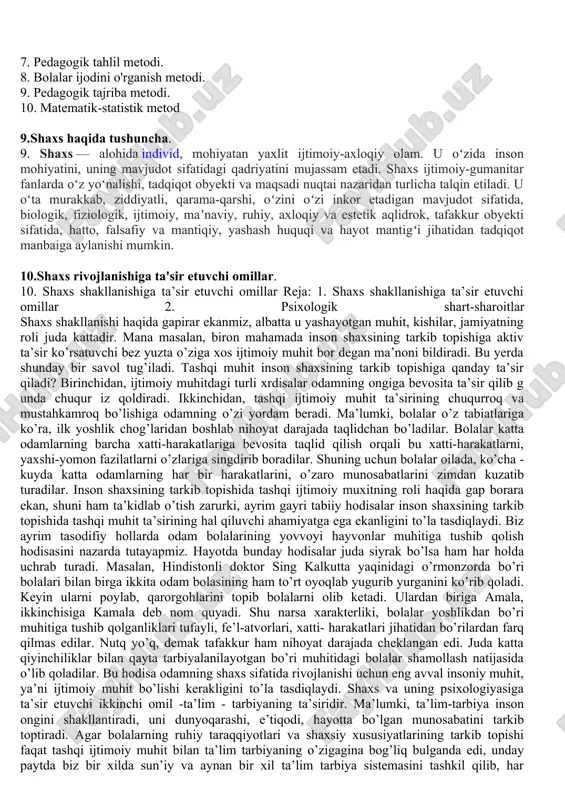 ida shakllanadi. masalan, maktab pedagogikasi, maktabgacha tarbiya pedagogikasi. ayrimlari esa fan sifatida endi shakllanib kelmoqda. kattalar pedagogikasi, oliy maktab pedagogikasi shular jumlasidandir. hozirgi zamon pedagogikasi ko‘p tarmoqli fan bo‘lib, avvalo, tarbiya ijtimoiy hodisa ekanligi jihatidan pedagogika tarixi bilan bog'lanadi. pedagogikaning ko‘zi ojiz, aqli zaif, qulog'i kar -jismoniy kamchiliklarga ega bo‘lgan bolalami tarbiyalash va ulami hayotga tayyorlash bilan shug'ullanadigan uana bir tarmog‘i -maxsus pedagogika (surdopedagogika, tiflopedagogika, oligofrenopedagogika) defektologiya bilan chambarchas bog‘liqdir.pedagogika fani tarmoqlariga predmetlami o'qitishning qonuniyatlarini o'rganuvchi fan -metodika ham kiradi. shu bilan birga, pedagogika fani boshqa fanlardan ajralgan holda rivojlana olmaydi. pedagogikaning tarbiya sohasidagi obyekti o‘sib kelayotgan yosh avlod bo'lganligi uchun pedagogika insonni o'rganuvchi fanlar bilan bog‘liq 7.pedagogika fanlari tizimi. 7. pedagogika fanlari tarkibiga pedagogika tarixi va nazariyasi kiradi. birinchi intizom pedagogikaning asosiy g'oyalari rivojlanish tarixini o'rganadi, shuningdek turli mamlakatlar va turli xalqlar o'rtasida ta'lim tizimini rivojlantirish yo'llarini ochib beradi. pedagogika nazariyasi quyidagi umumlashmalardan iborat: umumiy pedagogika, didaktika, ta'lim nazariyasi, …