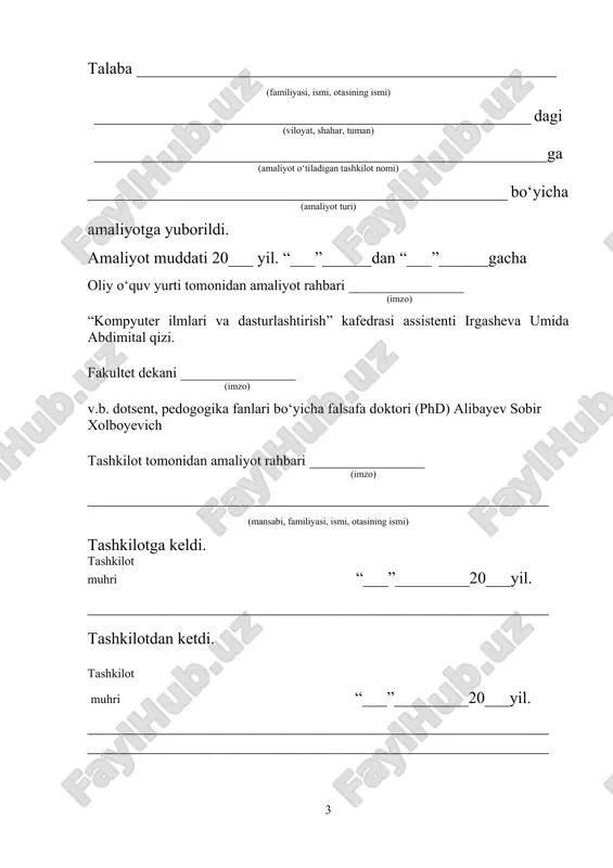 jasi t/r ishning nomi amaliyotning haftalik o‘talishi bajaril-ganligi to‘g‘risida izoh 1 2 3 4 5 6 amaliyot rahbarlarining imzosi: oliy o‘quv yurtidan ____________“____”_______20____yil. tashkilotdan____________“____”_______20____yil. ilmiy amaliyot davrida bajarilgan ishlar rejasi t/r ishning nomi amaliyotning haftalik o‘talishi bajaril-ganligi to‘g‘risida izoh 1 2 3 4 5 6 amaliyot rahbarlarining imzosi: oliy o‘quv yurtidan ____________“____”_______20____yil. tashkilotdan____________“____”_______20____yil. ilmiy amaliyot davrida bajarilgan ishlar rejasi t/r ishning nomi amaliyotning haftalik o‘talishi bajaril-ganligi to‘g‘risida izoh 1 2 3 4 5 6 amaliyot rahbarlarining imzosi: oliy o‘quv yurtidan ____________“____”_______20____yil. tashkilotdan____________“____”_______20____yil. ilmiy amaliyot davrida bajarilgan ishlar rejasi t/r ishning nomi amaliyotning haftalik o‘talishi bajaril-ganligi to‘g‘risida izoh 1 2 3 4 5 6 amaliyot rahbarlarining imzosi: oliy o‘quv yurtidan ____________“____”_______20____yil. tashkilotdan____________“____”_______20____yil. ilmiy amaliyot davrida bajarilgan ishlar rejasi t/r ishning nomi amaliyotning haftalik o‘talishi bajaril-ganligi to‘g‘risida izoh 1 2 3 4 5 6 amaliyot rahbarlarining imzosi: oliy o‘quv yurtidan ____________“____”_______20____yil. tashkilotdan____________“____”_______20____yil. ilmiy amaliyot davrida bajarilgan ishlar rejasi t/r ishning nomi amaliyotning …