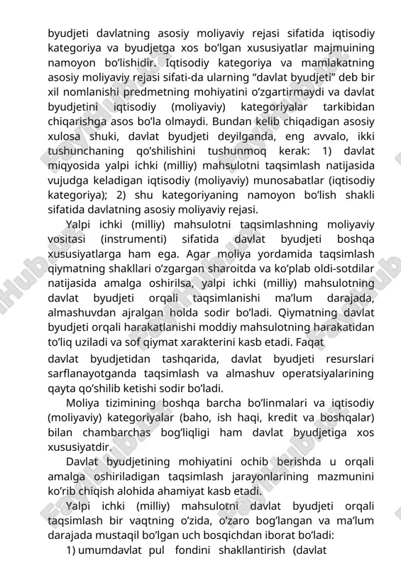 rejasi sifati-da ularning “davlat byudjeti” deb bir xil nomlanishi predmetning mohiyatini o’zgartirmaydi va davlat byudjetini iqtisodiy (moliyaviy) kategoriyalar tarkibidan chiqarishga asos bo’la olmaydi. bundan kelib chiqadigan asosiy xulosa shuki, davlat byudjeti deyilganda, eng avvalo, ikki tushunchaning qo’shilishini tushunmoq kerak: 1) davlat miqyosida yalpi ichki (milliy) mahsulotni taqsimlash natijasida vujudga keladigan iqtisodiy (moliyaviy) munosabatlar (iqtisodiy kategoriya); 2) shu kategoriyaning namoyon bo’lish shakli sifatida davlatning asosiy moliyaviy rejasi. yalpi ichki (milliy) mahsulotni taqsimlashning moliyaviy vositasi (instrumenti) sifatida davlat byudjeti boshqa xususiyatlarga ham ega. agar moliya yordamida taqsimlash qiymatning shakllari o’zgargan sharoitda va ko’plab oldi-sotdilar natijasida amalga oshirilsa, yalpi ichki (milliy) mahsulotning davlat byudjeti orqali taqsimlanishi ma’lum darajada, almashuvdan ajralgan holda sodir bo’ladi. qiymatning davlat byudjeti orqali harakatlanishi moddiy mahsulotning harakatidan to’liq uziladi va sof qiymat xarakterini kasb etadi. faqat davlat byudjetidan tashqarida, davlat byudjeti resurslari sarflanayotganda taqsimlash va almashuv operatsiyalarining qayta qo’shilib ketishi sodir bo’ladi. moliya tizimining boshqa barcha bo’linmalari va iqtisodiy …