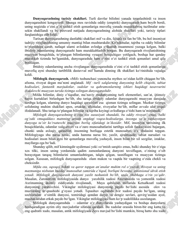 hnat qurollarini yasagan insonsimon mavjudotlarning (lot. homo habilis – uquvli odam) qadimgi manzilgohlari taxminan 3-5 mln yil oldin paydo bo‘lgan, degan xulosaga kelish imkonini beradi. dunyoqarashning mohiyati va tuzilishi. ayni shu davrdan boshlab insonning ancha rivojlangan dunyoqarashi shakllangani haqida va umuman to‘plangan bilimlar, amaliy ko‘nikmalar, vujudga kelgan qadriyatlar, o‘zi va o‘zini qurshagan dunyo haqidagi tasavvurlar majmui sifatidagi odamlar dunyoqarashi to‘g‘risida ishonch bilan so‘z yuritish mumkin. hayot tajribasi va empirik bilimlar asosida shakllanadigan dunyoqarash oddiy dunyoqarash deb ataladi va insonning dunyo haqidagi tasavvurlarining tizimsiz majmui sifatida amal qiladi. u har qanday dunyoqarashning negizi hisoblanadi va odamlarga kundalik hayoti, faoliyatida yo‘l ko‘rsatib, ularning xulq-atvori, aksariyat qilmishlarini belgilab, muhim regulyativ funksiyani bajaradi. keng ma’noda, dunyoqarash – insonning o‘zini qurshagan borliqqa va o‘z-o‘ziga nisbatan yondashuvlar tizimi, shuningdek uning mazkur yondashuvlar bilan belgilangan hayotiy ideallari, e’tiqodlari,, bilish va faoliyat tamoyillari, qadriyat va mo‘ljallaridir. demak, dunyoqarashda bilish, qadriyatlarga munosabat va xulq-atvorni belgilash funksiyalari mujassamlashadi. dunyoqarashning bilish …