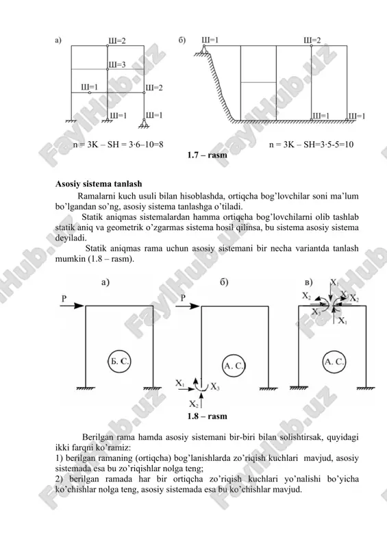 idan aloxida topilgan ko’chishlarining yig’indisiga teng. u xolda (1.4) tenglamalarini quyidagicha yozish mumkin: (1.5) bunda birinchi indeks ko’chishning yo’nalishi, ikkinchi indeks esa ko’chishni hosil qiluvchi sabablarini ifodalaydi. bu tenglamalardagi x1, x2 va x3 zo’riqishlardan asosiy sistemada vujudga kelgan ko’chishlarni tegishli birlik ko’chishlar orqali ifodalaymiz: (1.6) (1.6) ifodaga asosan deformatsiya tenglamalari (1.5) ni quyidagi ko’rinishda yozamiz: (1.7) bu tenglamalar kuch usulining kanonik tenglamalari deyiladi. birlik ko’chishlar va lar mor formulasi yoki vereshchagin qoidasini tadbiq etib aniqlanadi, ya’ni: (1.8) ozod hadlar: ∆ip = i = 1,…n. (1.9) birlik ko’chishlar va ozod hadlar aniqlagandan so’ng, ularni tekshiriladi va (1.7) tenglamalaridan x1, x2 va x3 noma’lum zo’riqishlar hisoblanadi. tekshirish hisoblarini navbatdagi darsimizda ko’ramiz. uyda bajarish uchun misollar _1647630746.unknown _1647630747.unknown _1647630748.unknown _1647630749.unknown _1647630751.unknown _1647630752.unknown _1647630753.unknown _1647630754.unknown _1647630755.unknown _1647630756.unknown 0 , 0 , 0 ) , , , ( 3 ) , , , ( 2 ) , , , ( 1 3 2 1 3 …