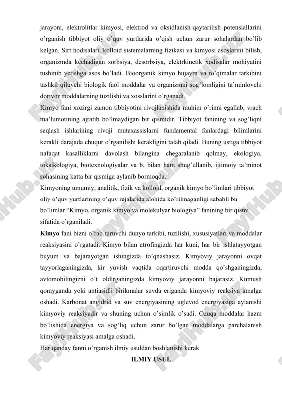 uyuqliklar o’z tarkibida anorganik moddalarni ionlar holatida ham tutadi. shundan kelib chiqqan holda elektroliz jarayoni, elektrolitlar kimyosi, elektrod va oksidlanish-qaytarilish potensiallarini o’rganish tibbiyot oliy o’quv yurtlarida o’qish uchun zarur sohalardan bo’lib kelgan. sirt hodisalari, kolloid sistemalarning fizikasi va kimyosi asoslarini bilish, organizmda kechadigan sorbsiya, desorbsiya, elektrkinetik xodisalar mohiyatini tushinib yetishga asos bo’ladi. bioorganik kimyo hujayra va to’qimalar tarkibini tashkil qiluvchi biologik faol moddalar va organizmni sog’lomligini ta’minlovchi dorivor moddalarning tuzilishi va xosslarini o’rganadi. kimyo fani xozirgi zamon tibbiyotini rivojlanishida muhim o’rinni egallab, vrach ma’lumotining ajratib bo’lmaydigan bir qismidir. tibbiyot fanining va sog’liqni saqlash ishlarining rivoji mutaxassislarni fundamental fanlardagi bilimlarini kerakli darajada chuqur o’rganilishi kerakligini talab qiladi. buning ustiga tibbiyot nafaqat kasalliklarni davolash bilangina chegaralanib qolmay, ekologiya, toksikologiya, biotexnologiyalar va b. bilan ham shug’ullanib, ijtimoiy ta’minot sohasining katta bir qismiga aylanib bormoqda. kimyoning umumiy, analitik, fizik va kolloid, organik kimyo bo’limlari tibbiyot oliy o’quv yurtlarining o’quv rejalarida alohida ko’rilmaganligi sababli bu …