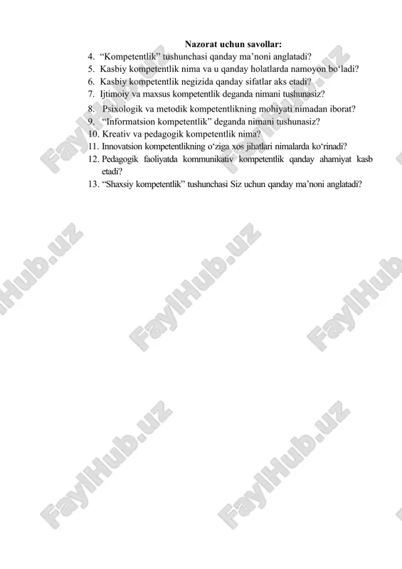 boyitadigan ilg‘or texnologiyalarni o‘zlashtirish, zamonaviy vosita, texnika va texnologiyalardan foydalana olish. i) ektremal kompetentlik – favqulotda vaziyatlar (tabiiy ofatlar, texnologik jarayon ishdan chiqqan)da, pedagogik nizolar yuzaga kelganda oqilona qaror qabul qilish, to‘g‘ri harakatlanish malakasiga egalik. pedagogning kasbiy kompetentligini rivojlantirish. kasbiy (shu jumladan, pedagogik) kompetentlikka ega bo‘lishda o‘z ustida ishlash va o‘z- o‘zini rivojlantirish muhim ahamiyatga ega. o‘z-o‘zini rivojlantirish vazifalari o‘zini o‘zi tahlil qilish va o‘zini o‘zi baholash orqali aniqlanadi. nazorat uchun savollar: 4. “kompetentlik” tushunchasi qanday ma’noni anglatadi? 5. kasbiy kompetentlik nima va u qanday holatlarda namoyon bo‘ladi? 6. kasbiy kompetentlik negizida qanday sifatlar aks etadi? 7. ijtimoiy va maxsus kompetentlik deganda nimani tushunasiz? 8. psixologik va metodik kompetentlikning mohiyati nimadan iborat? 9. “informatsion kompetentlik” deganda nimani tushunasiz? 10. kreativ va pedagogik kompetentlik nima? 11. innovatsion kompetentlikning o‘ziga xos jihatlari nimalarda ko‘rinadi? 12. pedagogik faoliyatda kommunikativ kompetentlik qanday ahamiyat kasb etadi? 13. “shaxsiy kompetentlik” tushunchasi siz uchun qanday ma’noni anglatadi?