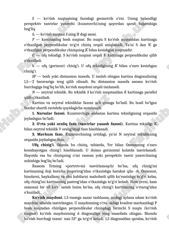 tarog‘idan o‘kaziladi. ko‘rish maydoni. 1.3-rasmga nazar tashlansa, undagi aylana odam ko‘rish maydoni sifatida tasvirlangan. u maydonning o‘rta- sidagi kvadrat markazidagi p bosh nuqtadan chizilgan perpendikular chiziqdagi birinchi s nuqta (ko‘rish nuqtasi) ko‘rish maydonining d diagonaliga teng masofada olingan. shunda ko‘rish burchagi taxmi- nan 53° ga to‘g‘ri keiadi. 1,5 diagonaldan qaralsa, ko'rish burchagi taxminan 37° ni egallaydi. 2d masofaga teng bo‘lgan masofadan ku- zatilsa, qarash burchagi taxminan 28° ni tashkil etadi. ushbu ko‘rish burchagining eng optimal (eng maqsadga muvofiq) holatini tahmi- nan 30° qilib olish tavsiya etiladi. bu 1,5—2d oralig‘ida tanlab olingan masofa hisoblanadi. agar sp bosh masofa 2d dan oshib ketsa yoki 1,5d dan kamayib ketsa, optimal ko‘rish maydoni buziladi. shunda obyektning perspektivasida buzilish ro‘y beradi, ya’ni tas- virda xatolikka yo‘l qo‘yiladi. 1.3-rasm. distansion (masofa) nuqtalar. ko‘rish nuqtasidan kartina tekisligigacha tanlab olingan masofa distansiya deyilib, u ufq chizig‘ida ikki marta belgilanadi. bosh ko‘rish nuqtasining chap tomonida ufq chizig‘i bo‘yicha sp …