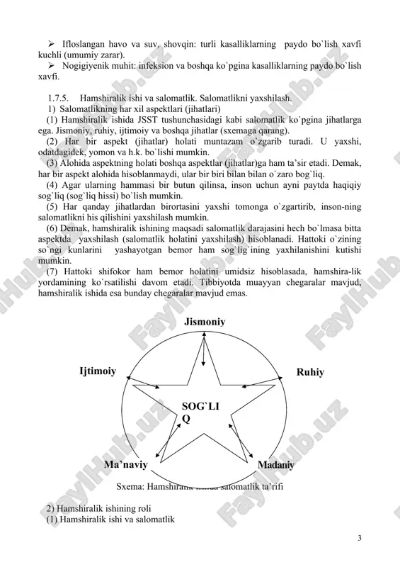 2. yosh: · ma’lumki, muayyan yoshda u yoki bu kasallikning paydo bo`lish xavfi kuchli bo`ladi. misol: o`rta va katta yoshda saraton va yurak – qon-tomir tizimi kasalliklarining paydo bo`lishi xavfi kuchayadi. 3. jismoniy omil: · semirishda bel og`riqlari va qon aylanish tizimi kasalliklarining paydo bo`lishi xavfi yuqori bo`ladi. 4. turmush tarzi: · spirtli ichimliklarni ko`p iste’mol qilish, chekish, jismoniy faollikning yetishmasligi, bir xil ovqatalnish va boshqalar sog`liq uchun xavf tug`diradi. 5. atrof muhit: · zararli kimyoviy moddalar bilan ishlaydigan ishchilarda saraton, nafas olish a’zolar kasalliklari va boshqa kasalliklarning paydo bo`lish xavfi yuqori bo`ladi. · ifloslangan havo va suv, shovqin: turli kasalliklarning paydo bo`lish xavfi kuchli (umumiy zarar). · nogigiyenik muhit: infeksion va boshqa ko`pgina kasalliklarning paydo bo`lish xavfi. 1.7.5. hamshiralik ishi va salomatlik. salomatlikni yaxshilash. 1) salomatlikning har xil aspektlari (jihatlari) (1) hamshiralik ishida jsst tushunchasidagi kabi salomatlik ko`pgina jihatlarga ega. jismoniy, ruhiy, ijtimoiy va boshqa jihatlar (sxemaga qarang). (2) …