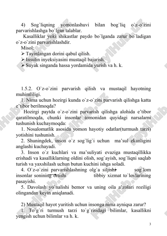 g olg`a siljishi sog`lom insonlar sonining ortishi tibbiy xizmat to`lovlarining pasayishi. 5. davolash yo`nalishi bemor va uning oila a’zolari roziligi olingandan keyin aniqlanadi. 2) mustaqil hayot yuritish uchun insonga nima ayniqsa zarur? 1. to`g`ri turmush tarzi to`g`risidagi bilimlar, kasallikni yengish uchun bilimlar va h. k. 2. mustaqil hayotga bo`lgan intilish. 3. mustaqil hayotni saqlash uchun harakatlanish qobiliyati. 1.5.3. o`z-o`zini parvarish qilishda hamshiraning roli. 1) oremgacha hamshira oremgacha ham insonlarni o`z-o`zini parvarish qilishga o`rgatar edi, ularga o`z-o`zini parvarish qilishda yordam berar edi. misol: naytingeyl qrim urushi vaqtida yarador askarlarga o`z-o`zini parvarish qilishni o`rgatgan edi. orem qarashalri bo`yicha o`z-o`zini parvarish qilishga bo`lgan talablarning 3 turidan qaysi biriga mos keladi? 2) oremning qarashlari bo`yicha hamshiralik ishi tamoyillari hamshiralik ishi insonlarning sog`ayishi, kasallik hamda shikastlarni yengishida o`z-o`zini parvarish qilishning yetishmovchiligini to`ldirish vazifasi orqali yordam beradi. 3) 3) hamshiralik parvarishining ta’siri (1) baholash: kuzatish va baholash, ob’ekt (bemor) aynan nimada o`z-o`zini parvarishlashni bajara olmaydi va …
