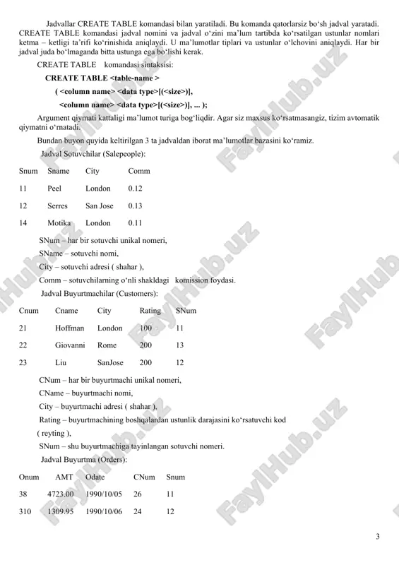 atsionalnim institutom standartov) tomonidan aniqlangan va xozirda iso (mejdunarodnoy organizatsiey po standartizatsii) tomonidan qabul qilingan. lekin kommertsial ma’lumotlarbazalari dasturlari ansi ni ogoxlantirmasdan sql ni kengaytiradilar, ya’ni foydali hisoblagan har xil xossalar qo‘shadilar. 2 sql tili va ma’lumotlar tiplari ma’lumotlar tiplari. sql tilida quyidagi asosiy ma’lumotlar tiplari ishlatilib, ularning formatlari har xil mbbt lar uchun farq qilishi mumkin: integer - butun son (odatda 10 tagacha qiymatli raqam va ishora). smallint - "qisqa butun" (odatda 5 tagacha qiymatli raqam va ishora). decimal(p,q) - o‘nli son, p raqam va ishoradan iborat (0 0 va har xil mbbt larda har xil lekin 4096 dan kam emas). date - maxsus komanda orqali aniqlanuvchi formatdagi sana ( subase da ko‘zda tutilgan bo‘yicha yy/mm/dd); sana maydonlari bizning eramizdan oldin bir necha mingyilliklardan boshlanuvchi va bizning eramiz beshinchi- o‘ninchi mingyilligi bilan cheklangan haqiqiy sanalarni o‘z ichiga olishi mumkin. time -maxsus komanda orqali aniqlanuvchi formatdagi vaqt (ko‘zda tutilgan bo‘yicha …