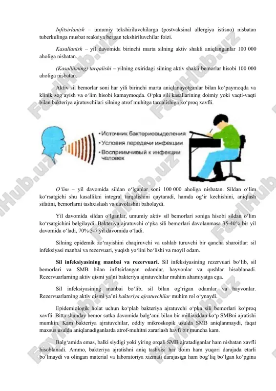 shtirish uash talabalarini o‘qitishda asosiy yo‘nalishni tashkil etadi. 5. fanlararo va fan ichida bog‘liqlik ushbu mavzuni o‘qitish talabalarning o‘pka va boshqa a’zolarning anatomik tuzilishi, nomal va patologik fiziologiyasi, yuqori nafas yo‘llari va boshqa a’zolar funksiyasi xaqida bilimlari; mikrobiologiya – sil mikobakteriyasini aniqlash va xususiyatlarini o‘rganish, shuningdek, terapiya, xirurgiya, ginekologiya, rentgenologiya, yuqumli kasalliklar, endokrinologiya, gematologiya, urologiya, teri-tanosil kasalliklari, oftalmologiya kabi fanlar bilan bir qatorda sil kasalligini boshqa kasalliklar bilan qiyosiy tashxislashga asoslanadi. 6. darsning mazmuni 6.1. nazariy qism. sil epidemiologiyasi o‘rtacha er shari aholisining uchdan biri smbsi bilan infeksiyalangan. dunyo bo‘yicha har yili 7,5-8 mln odam sil bilan kasallanadi. o‘pka sili bemorlarining 15 dan 20 mln.ta gachasi smb ajratadi. har yili o‘rtacha 1,5 mln odam sildan o‘ladi. bundan shu narsa kelib chiqadiki: har 4 tadan bitta odam sil bilan kasallanadi va har 10 tadan bitta odam sildan o‘ladi. yuqumli kasalliklar orasida o‘lim sababi bo‘yicha sil ilgaridan birinchi o‘rinni egallab kelgan. shuning …