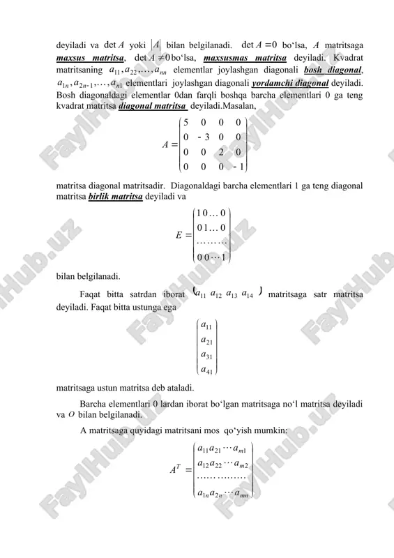 ingi matritsalarning o‘lchami bilan bir xil bo‘ladi. masalan: matritsalar yig‘indisi bo‘ladi. matritsalarni qo‘shish amali quyidagi o‘rin almashtirish va guruhlash xossalariga ega, ya’ni matritsalarni qo‘shishda biror matritsaga matritsani qo‘shish odatdagi sonlarni qo‘shishdagi no‘l soni rolini o‘ynaydi, ya’ni masalan, . matritsani songa ko‘paytirish deb uning hamma elementlarini shu songa ko‘paytirishga aytiladi, ya’ni masalan, matritsani ga ko‘paytirsak, bo‘ladi. o‘lchamlimatritsaning o‘lchamli matritsaga, ko‘paytmasi deb o‘lchamli shunday matritsaga aytiladiki uning elementi matritsa -satri elementlarini matritsa -ustunining mos elementlariga ko‘paytmalari yig‘indisiga teng, ya’ni: matritsalar ko‘paytmasi bilan belgilanadi. demak, matritsalarni ko‘paytirish uchun birinchi ko‘paytuvchining ustunlari soni, 2- ko‘paytuvchining satrlari soniga teng bo‘lishi talab qilinadi. shu sababli, umuman . 1-misol. va matritsalar berilgan. va matritsalarni ko‘paytiring. yechish. birinchi matritsaning ustunlar soni, ikkinchi matritsaning satrlar soniga teng, shuning uchun bu matritsalarni ko‘paytirish mumkin: matritsalarni ko‘paytirish ushbu guruhlash hamda taqsimot xossasiga ega. masalan, bo‘lsin. bu holda endi ko‘paytirishni bajaramiz: shunday qilib xossa o‘rinli bo‘ladi. endi taqsimot xossasini qaraymiz: bo‘lsin. oldin …