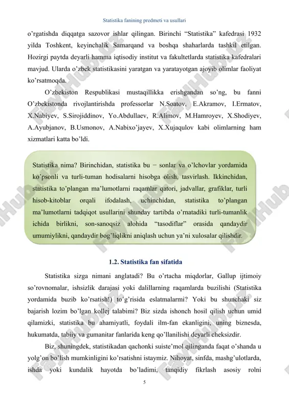 matda, tabiiy va gumanitar fanlarida keng qo’llanilishi deyarli cheksizdir. biz, shuningdek, statistikadan qachonki suiste’mol qilinganda faqat o’shanda u yolg’on bo’lish mumkinligini ko’rsatishni istaymiz. nihoyat, sinfda, mashg’ulotlarda, ishda yoki kundalik hayotda bo’ladimi, tanqidiy fikrlash asosiy rolni o’ynayotganligini biz namoyish qilishni istaymiz. bizning maqsadimiz – sizga mazkur mavzuni o’rganishga sarf etgan vaqtingiz ko’p munosabatlarda to’ldiradi degan taassurotni qoldirish istagidamiz. random house college lug’ati statistikani “yig’ish, tasniflash, tahlil qilish va axborot yoki ma’lumotlarni talqin qilish bilan shug’ullanadigan fan” sifatida belgilaydi. shunday qilib, statistik – beysbol o’yinlarida o’rtachani hisoblaydigan yoki gallup ijtimoiy so’rovlar natijalarini yozadigan oddiy kimsa emas. professional statistiklar statistika fanidan tahsil oladilar. ya’ni, ular ma’lumotlar shaklida axborotni to’plash, ma’lumotlarni tahlil qilish va ulardan xulosa qilish bilan o’rganadi. bundan tashqari, statistiklar tegishli masalaga qanday ma’lumot kerakligini va tadqiqot bo’yicha qilingan xulosalarga ishonish mumkin yoki mumkin emasligini aniqlaydi. 1.3. statistik ilovalarning turlari “statistika” ko’pchilik odamlar uchun “raqamli tasvir” degan ma’noni anglatadi. ma’lumotlar ko’p hollarda …