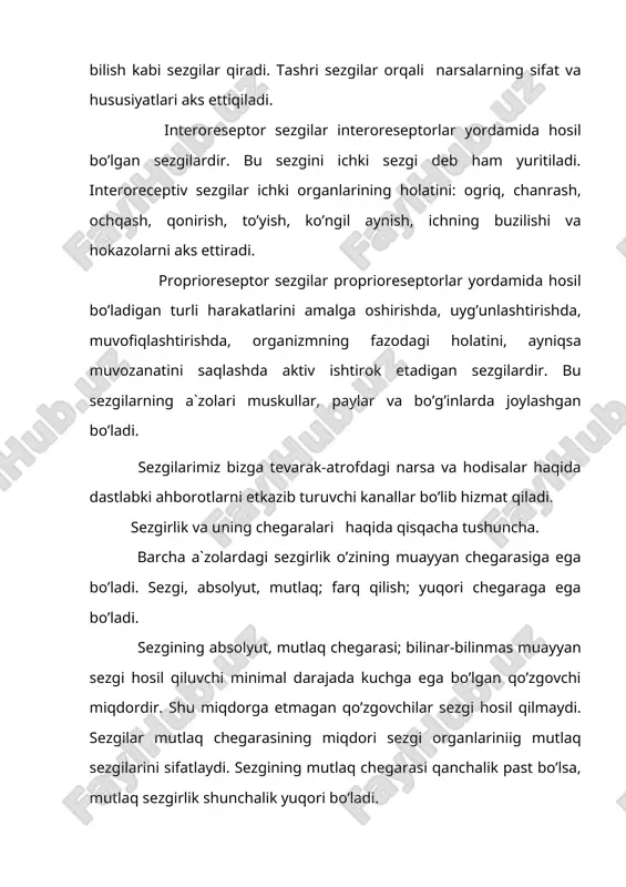 egarasiga ega bo’ladi. sezgi, absolyut, mutlaq; farq qilish; yuqori chegaraga ega bo’ladi. sezgining absolyut, mutlaq chegarasi; bilinar-bilinmas muayyan sezgi hosil qiluvchi minimal darajada kuchga ega bo’lgan qo’zgovchi miqdordir. shu miqdorga etmagan qo’zgovchilar sezgi hosil qilmaydi. sezgilar mutlaq chegarasining miqdori sezgi organlariniig mutlaq sezgilarini sifatlaydi. sezgining mutlaq chegarasi qanchalik past bo’lsa, mutlaq sezgirlik shunchalik yuqori bo’ladi. sezgining mutlaq chegarasini eshitish sezgisi misolida tushuntiradigan bo’lsak, mutlaq eshitish tovushlardagi eng nozik o’zgarishlarni sezish, tasavvur qilish va esda qoldira bilishdan iborat nodir iste`doddir. mutlaq eshitish kishilardagi musiqa qobiliyatining asosini tashkil qilib, ayrim ijrochilarda o’ta darajada rivojlangan bo’ladi. sezgining farqlanish chegarasi taassurot kuchining sezgilarda bilinar-bilinmas o’zgarish hosil qiluvchi minimal darajadagi o’zgarishidan iboratdir. sezgilarning yuqori chegarasi esa qo’zgovchi kuchining maksimal darajada ortishi natijasida sezgilar kuchining tegishli analizatorlarda og’riq hosil qilish tomoniga qarab o’zgarishidir. masalan, haddan tashqari yorug’lik aytaylik, payvandlashda chiqadigan yoruglik ko’zda ogriq sezgisini hosil qiladi. agar qo’zgovchi kuchi sezgining yuqori chegarasidan ortsa, sezgi organlari zararlanishi …