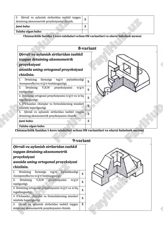 ik proyeksiyasi asosida uning ortogonal proyeksiyasi chizilsin. 1. detalning farmatga tug’ri joylashkanligi (komponofka)va to’g’ri boshlanganligi; 5 2. detalning v,h,w proyeksiyasini to’g’ri topilganligi; 5 3. detalning ortogonal proyeksiyasini to’g’ri va to’liq tugallanganligi; 5 4. o’lchamlar, chiziqlar va formulalarning standart talabida bajarilganligi 5 5. qirrali va aylanish sirtlaridan tashkil topgan detaining aksonometrik proyiksiyasini chizish. 5 jami baho: 5 talaba olgan baho: chizmachilik fanidan 1-kurs talabalari uchun on variantlari va ularni baholash mezoni 8-variant qirrali va aylanish sirtlaridan tashkil topgan detaining aksonometrik proyeksiyasi asosida uning ortogonal proyeksiyasi chizilsin. 1. detalning farmatga tug’ri joylashkanligi (komponofka)va to’g’ri boshlanganligi; 5 2. detalning v,h,w proyeksiyasini to’g’ri topilganligi; 5 3. detalning ortogonal proyeksiyasini to’g’ri va to’liq tugallanganligi; 5 4. o’lchamlar, chiziqlar va formulalarning standart talabida bajarilganligi 5 5. qirrali va aylanish sirtlaridan tashkil topgan detaining aksonometrik proyiksiyasini chizish. 5 jami baho: 5 talaba olgan baho: chizmachilik fanidan 1-kurs talabalari uchun on variantlari va ularni baholash mezoni 9-variant qirrali …