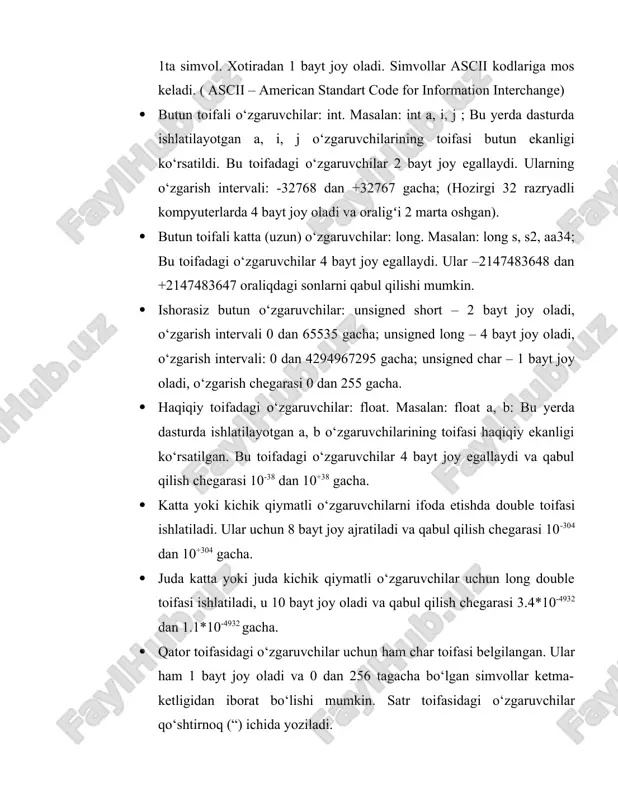chilarni ifoda etishda double toifasi ishlatiladi. ular uchun 8 bayt joy ajratiladi va qabul qilish chegarasi 10-304 dan 10+304 gacha. · juda katta yoki juda kichik qiymatli o‘zgaruvchilar uchun long double toifasi ishlatiladi, u 10 bayt joy oladi va qabul qilish chegarasi 3.4*10-4932 dan 1.1*10-4932 gacha. · qator toifasidagi o‘zgaruvchilar uchun ham char toifasi belgilangan. ular ham 1 bayt joy oladi va 0 dan 256 tagacha bo‘lgan simvollar ketma-ketligidan iborat bo‘lishi mumkin. satr toifasidagi o‘zgaruvchilar qo‘shtirnoq (“) ichida yoziladi. c++ tilida o‘zgaruvchilarni initsializatsiya qilish degan tushuncha ham mavjud. initsializatsiya qilish degani o‘zgaruvchini e’lon qilish barobarida unga boshlangʻich qiymatini ham berish demakdir. masalan: int a=5, b, s=-100; - a, b, s o‘zgaruvchilari butun toifali ekanligi ko‘rsatildi va a o‘zgaruvchisiga 5 (a=5), s o‘zgaruvchisiga esa –100 (s=-100) boshlangʻich qiymatlar berildi. dastur bajarilishi jarayonida o‘z qiymatini o‘zgartira olmaydigan kattaliklar o‘zgarmaslar deyiladi. masalan: x=1; bo‘lsa keyinchalik x=x+5 deb yozib bo‘lmaydi. o‘zgarmaslarni const so‘zi bilan …